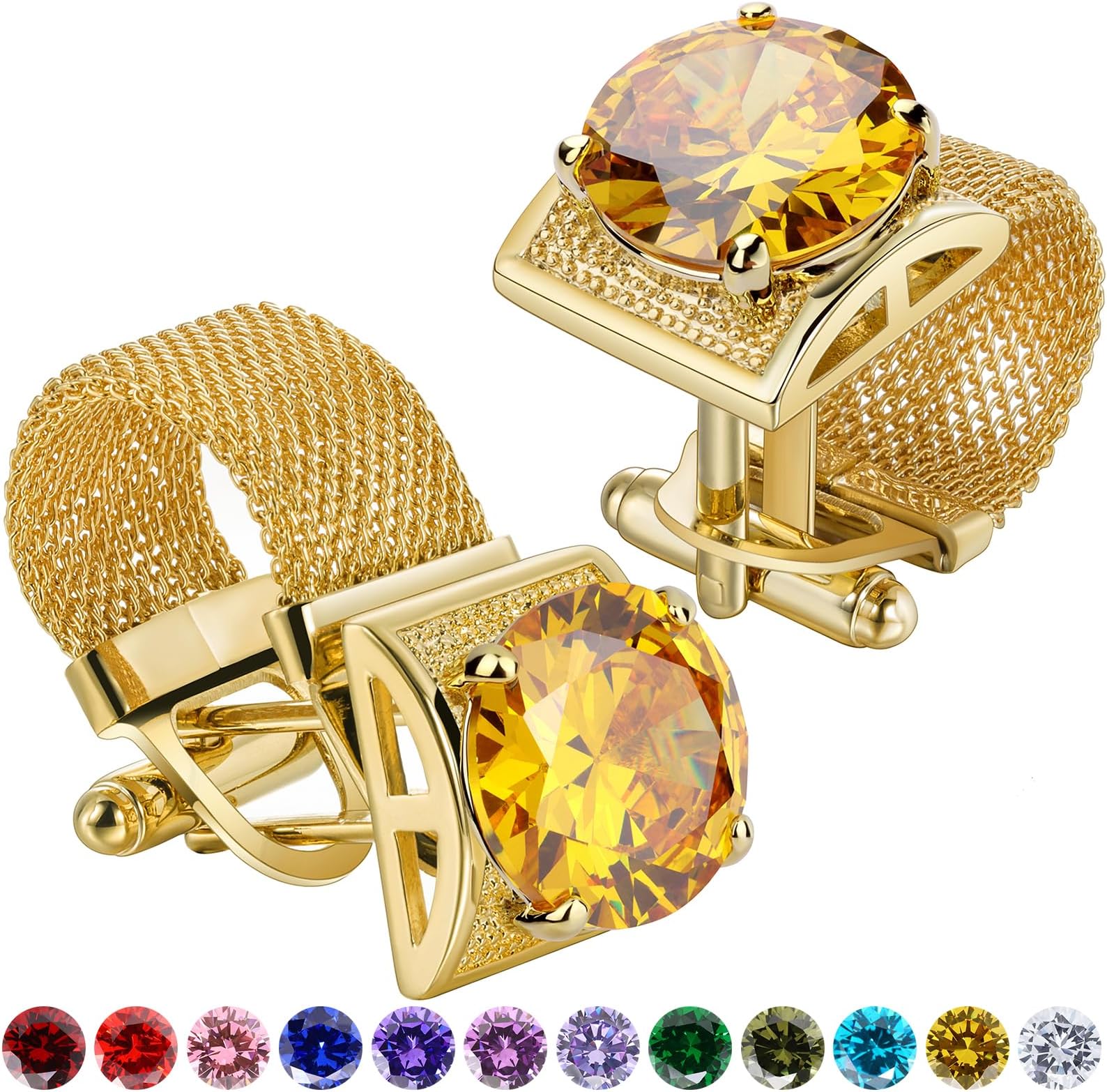 Birthstone Gold Tone Cufflinks for Men with Chain Shirt cuff links Wedding Business Birthday Christmas Gifts for Men