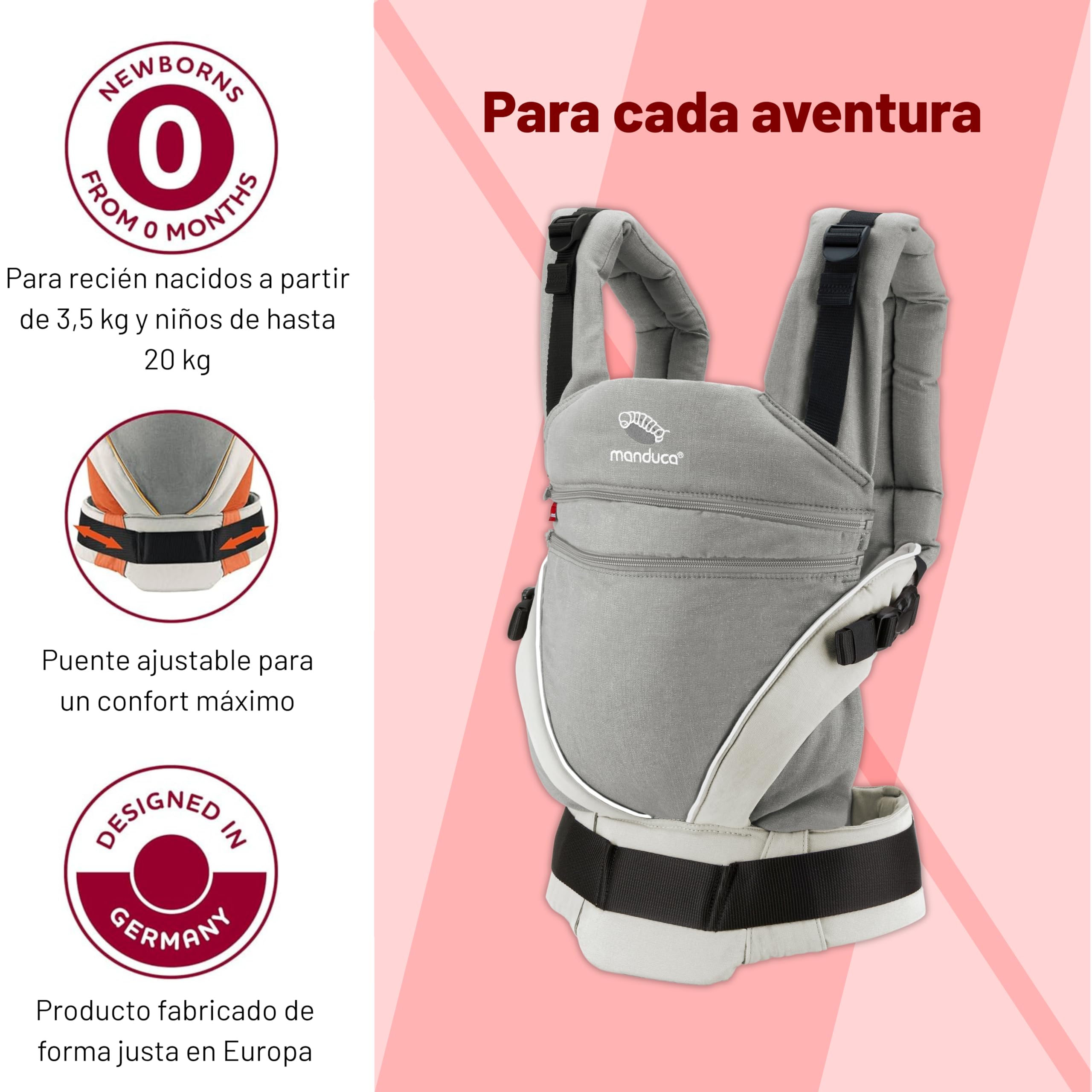 manduca Portabebés XT: portabebés todo en uno para recién nacidos a partir de 3,5 kg y niños pequeños de hasta 20 kg, portabebés ergonómico con puente ajustable, talla única, gris-blanco