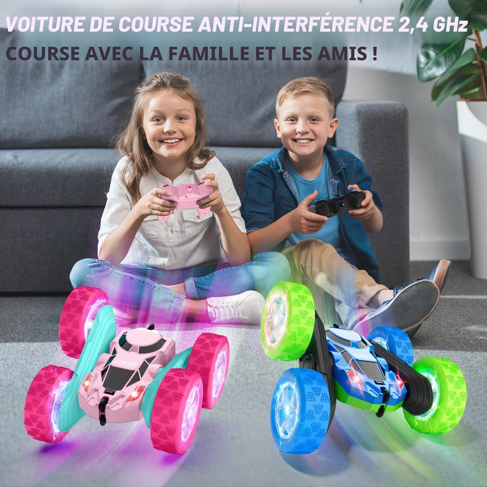 cosone Voiture Télécommandée pour Enfants - avec Lumières de Roue Cool - Rotation à 360 ° - Jouet pour Garçon de 6, 7, 8, 9, 10-12 Ans, (Bleu et Vert)