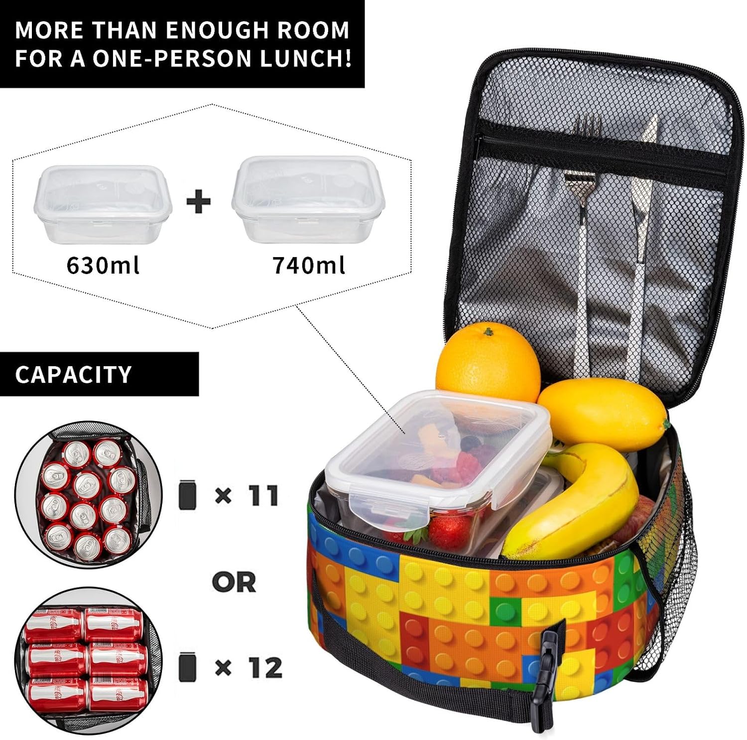 Fun Blocks Colorful Insulated Lunch Bag Reusable Cooler Lunch Box Portable Leakproof Thermal Container Tote Bags for Girls Boys School Travel image 4