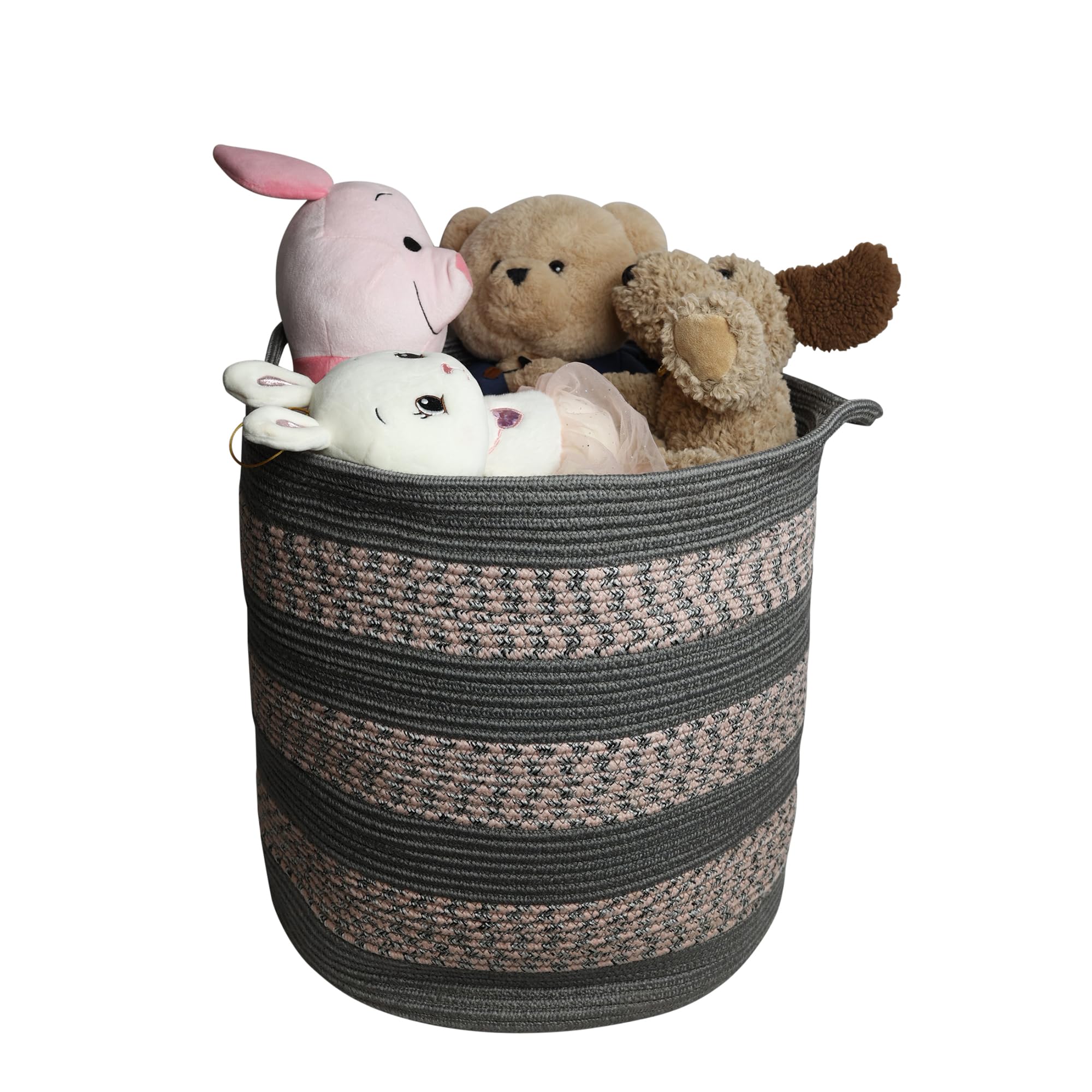 AriyaAriya Jute & Cotton Big Size Basket for Storage, Clothes, Kitchen (1 Piece with Handle, Gray, 20x19 cm) - Round Woven Handcrafted Basket for Toys, Wardrobe