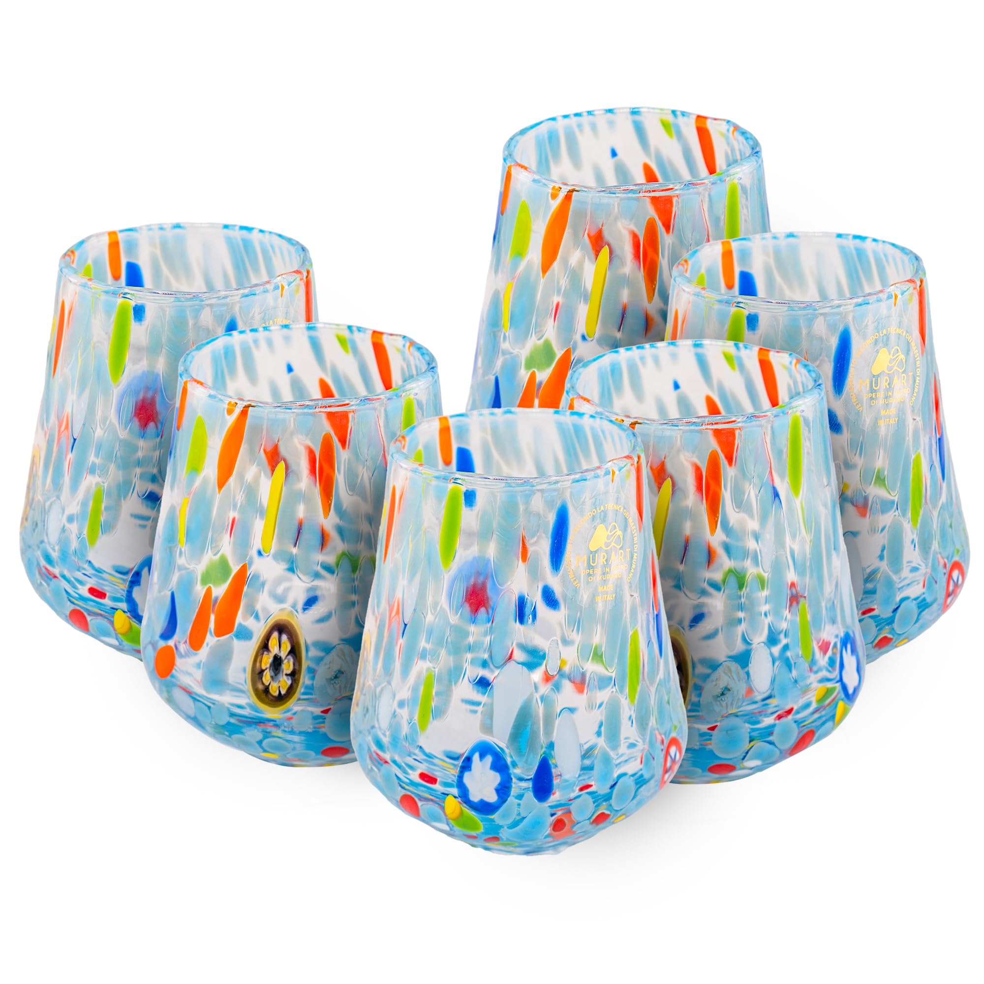 Verre De Murano Sale MurArt - Lot De 6 Verres Murano Soufflés Main (300ml) - Fabriqué En Italie (Azurro) Artisanat De Murano