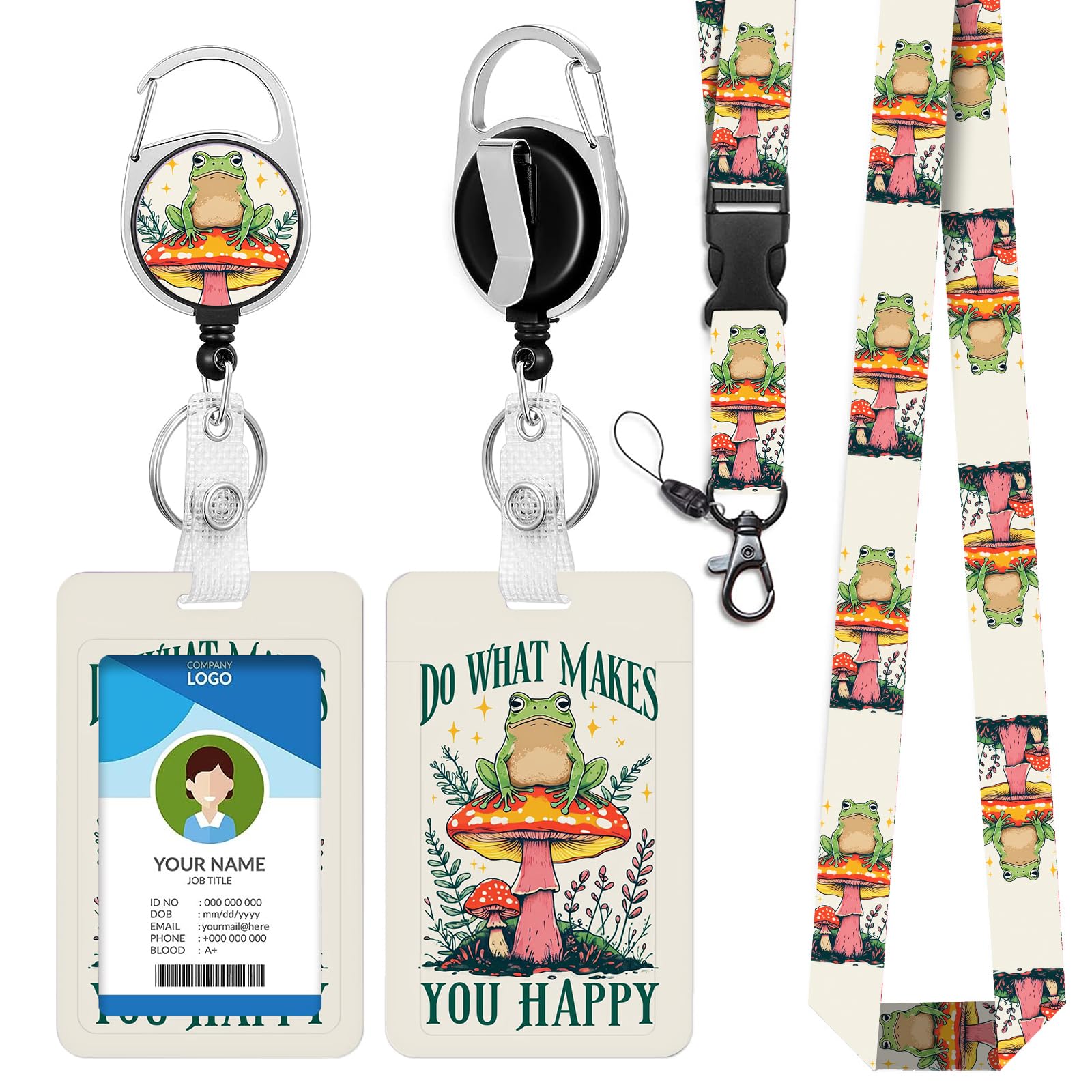 bolimoss Cute Frog Lanyard with Card Holder, Mushroom Adjustable Lanyard with Retractable Reel Clip for Keys, Funny Breakaway Lanyards for ID Badges, ID Protector Bage for Women Nurse Student Office