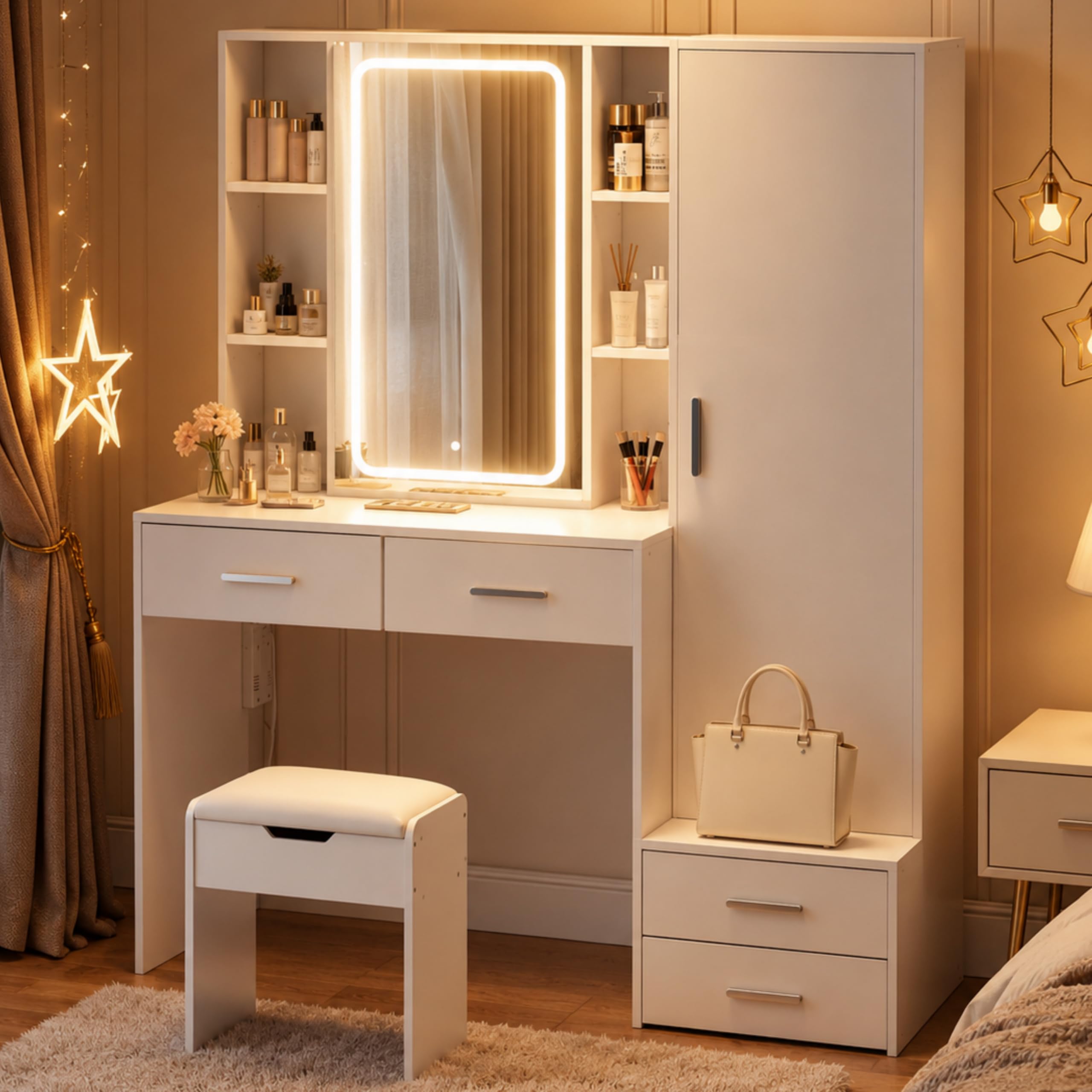 Schminktisch mit Beleuchtung, 120 cm Frisiertisch mit LED-Spiegel und Stauraumhocker, Seitenschrank, 4 Schubladen, 8 Ablagen, 2 Steckdosen + 2 USB, 3 Lichtfarben, links/rechts montierbar, Weiß