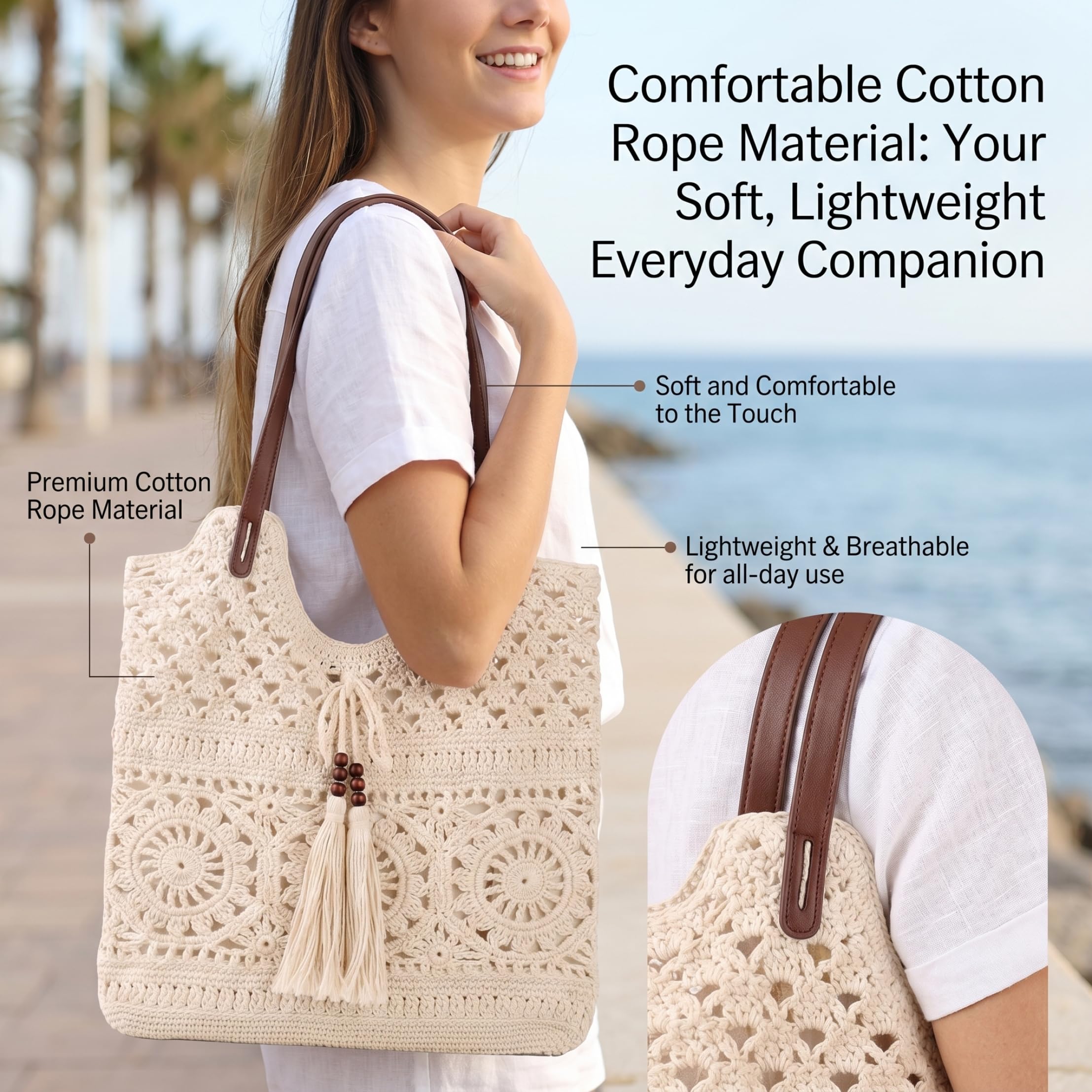 Borsa Tessuta Fatta a Mano all'Uncinetto per Donna, Borsa a Tracolla in Maglia scavata con Nappa, Tessuta in Corda di Cotone, Boho da Spiaggia Estiva