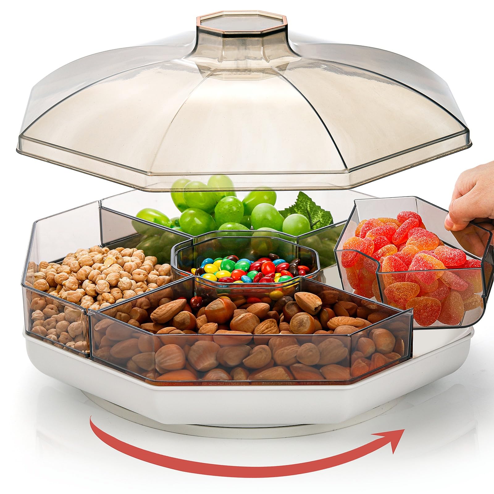 Rotating Snack Serving Tray with Lid, 11" Plastic Divided Serving Dishes, 5 Compartment Round Appetizer Platter, Removable Dried Fruit Organizer Plate for Veggie Candy Nut Cracker Chip Party
