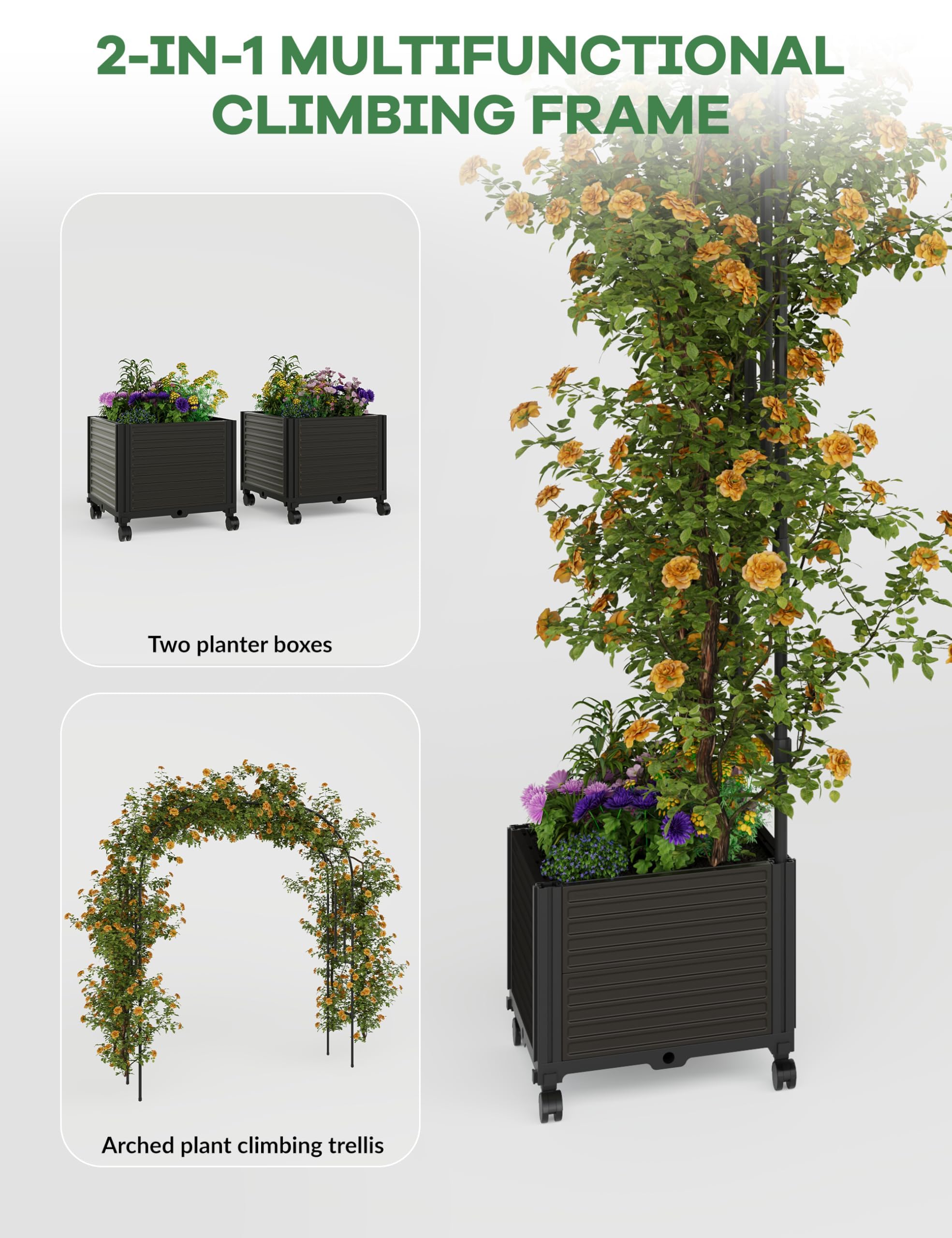 Garvee Arco da Giardino con Fioriera e Ruote Bloccabili, Altezza 2.4m Traliccio per Piante Rampicanti in Metallo, Supporto per Rose Edera Matrimoni Decorazione Esterna, PP Resistente UV