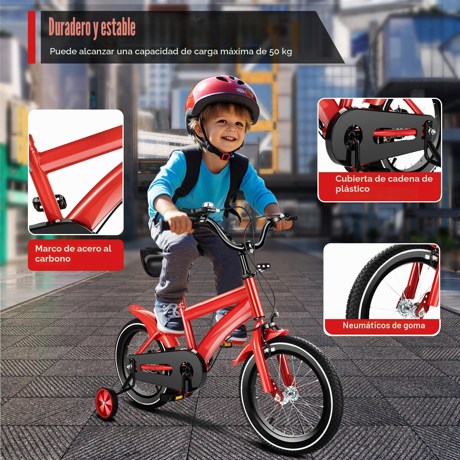Bicicleta infantil de 16 pulgadas, altura ajustable, para niños y niñas a partir de 4 – 6 años, con ruedas estabilizadoras y sistema de frenado dual