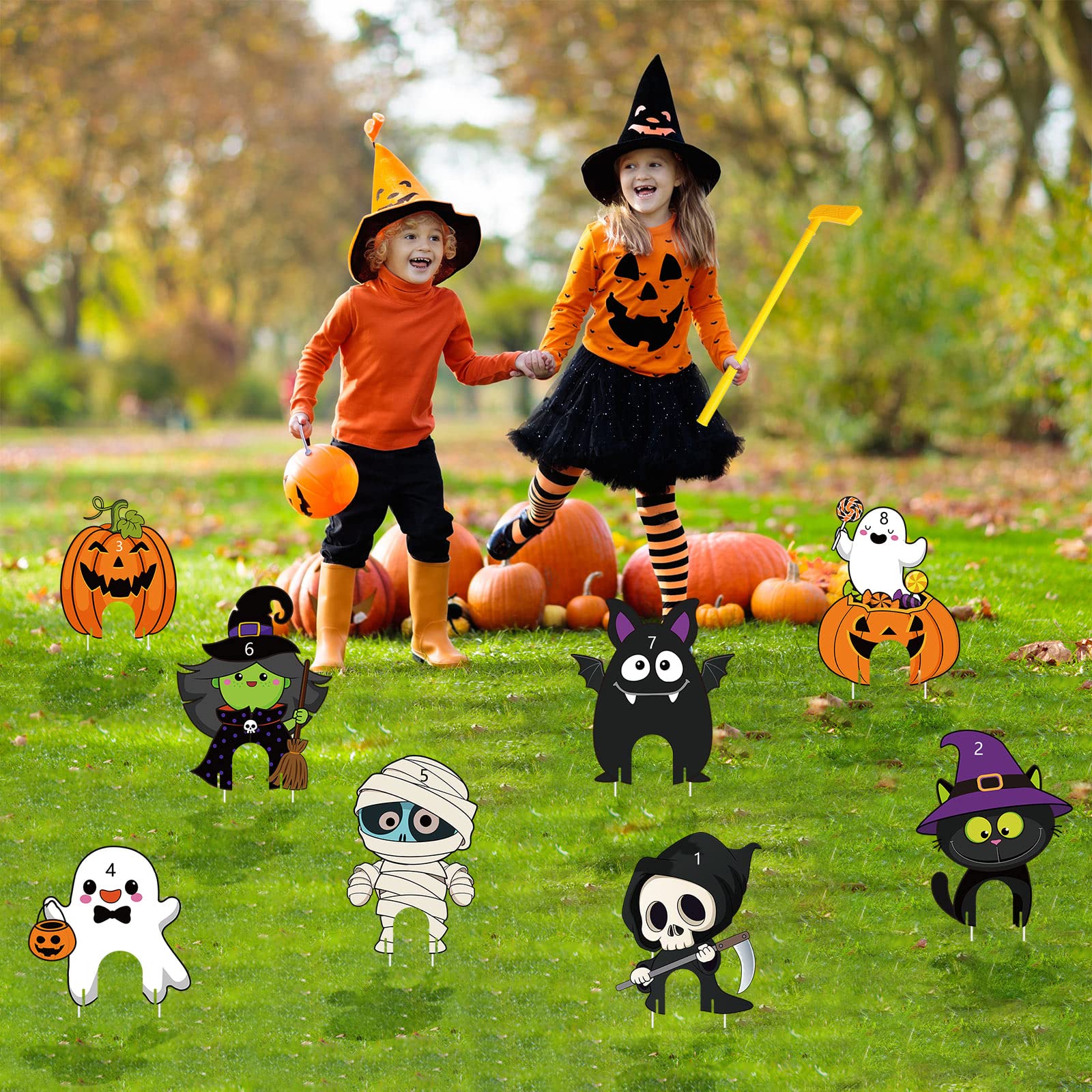 Capoda 8 Pieces Halloween Golf Game Yard Sign Halloween Mini Golf Toy Game Club Yard Stakes for Halloween Party Teens Golf Themed Yard Lawn Outdoor Decorations