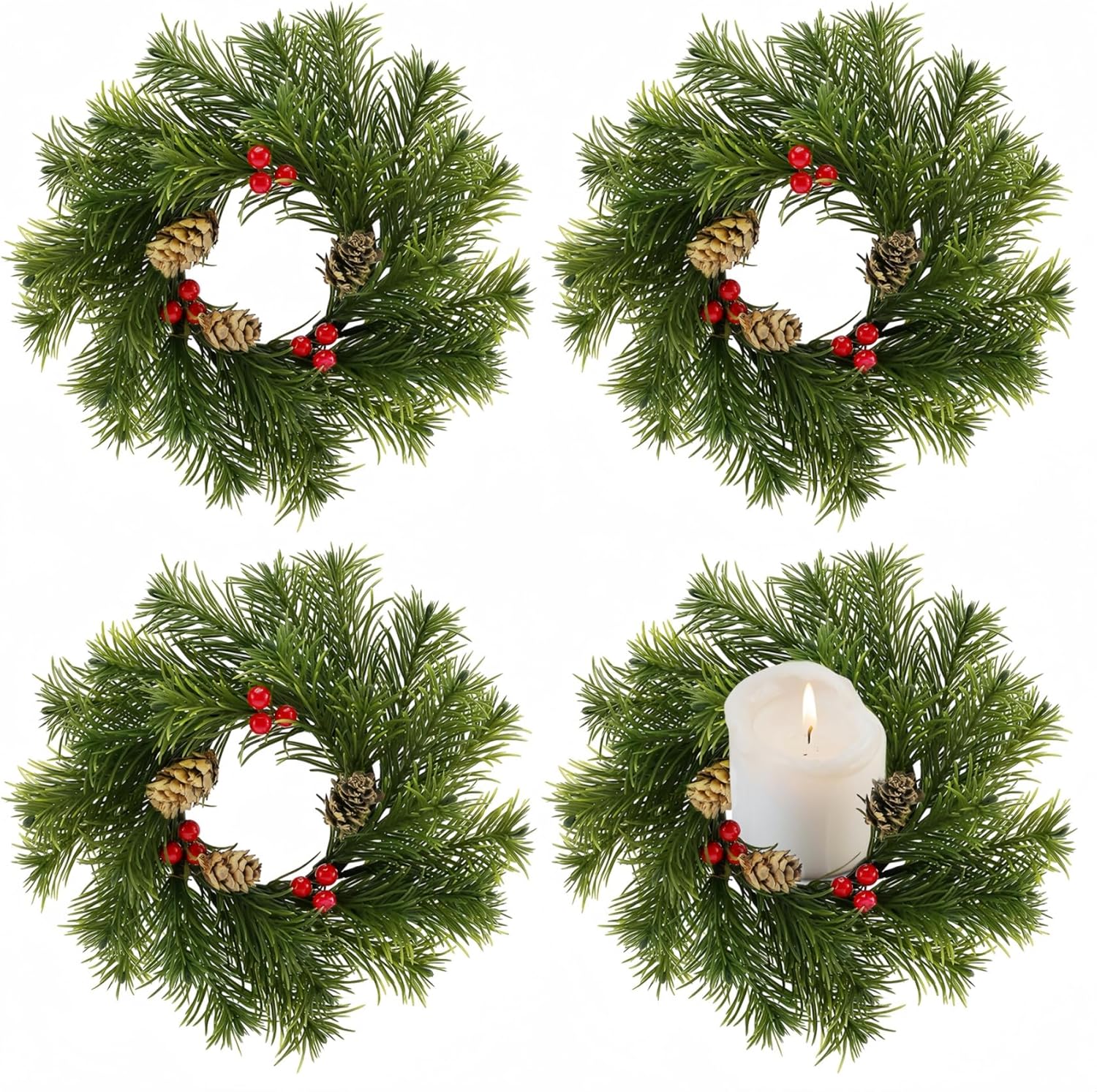 4 Pcs 9'' Christmas Candle Rings Wreaths, Artificial Small Wreath with Red Berry Pinecone for Table top Centerpiece Candle Holder 9Inch Berry