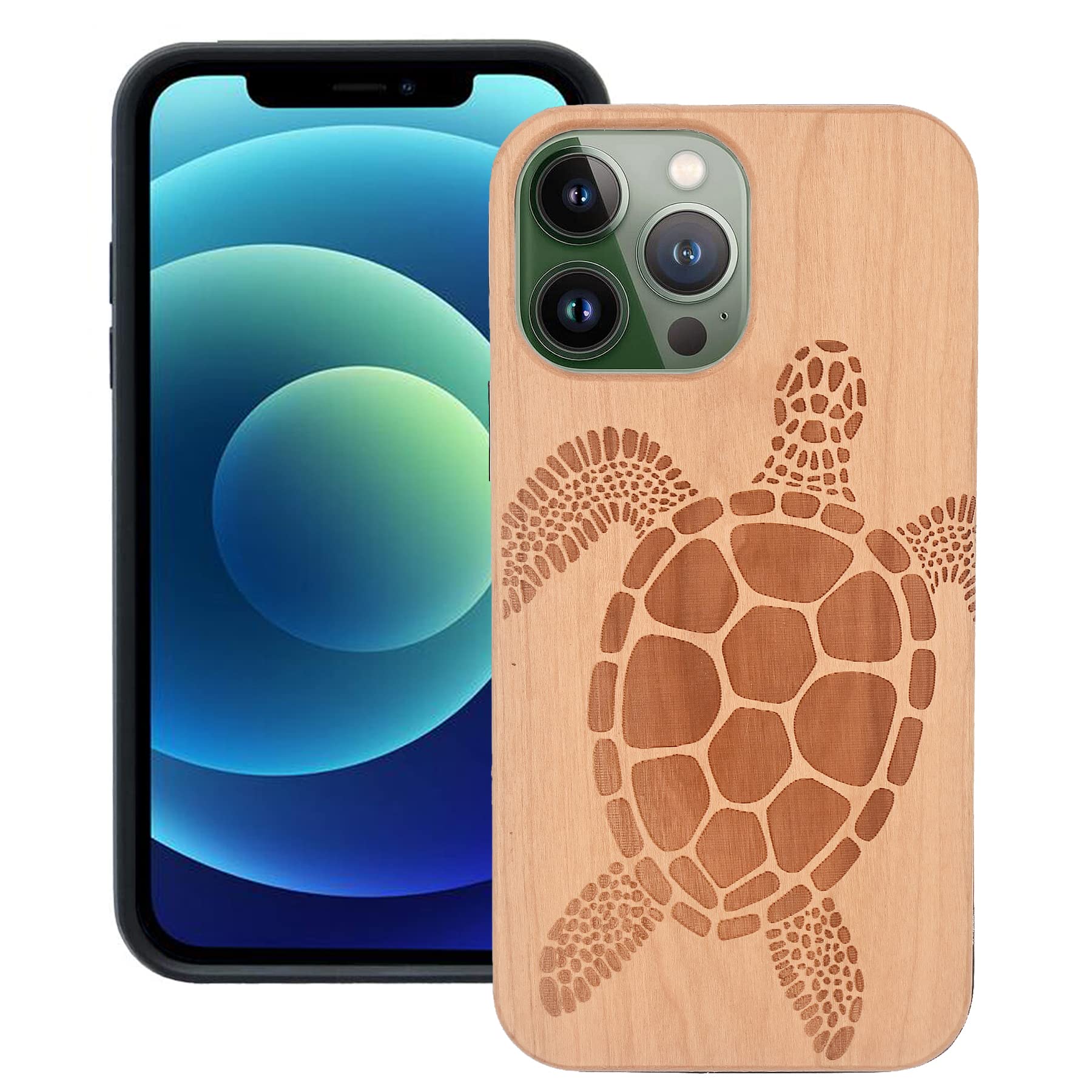 CYD-W CYD Wooden for 2021 6.1 inch iPhone 13 Pro Case,Natural Real Wood Shockproof Drop Proof Slim TPU Black Bumper Protective Cover (Sea Turtle)