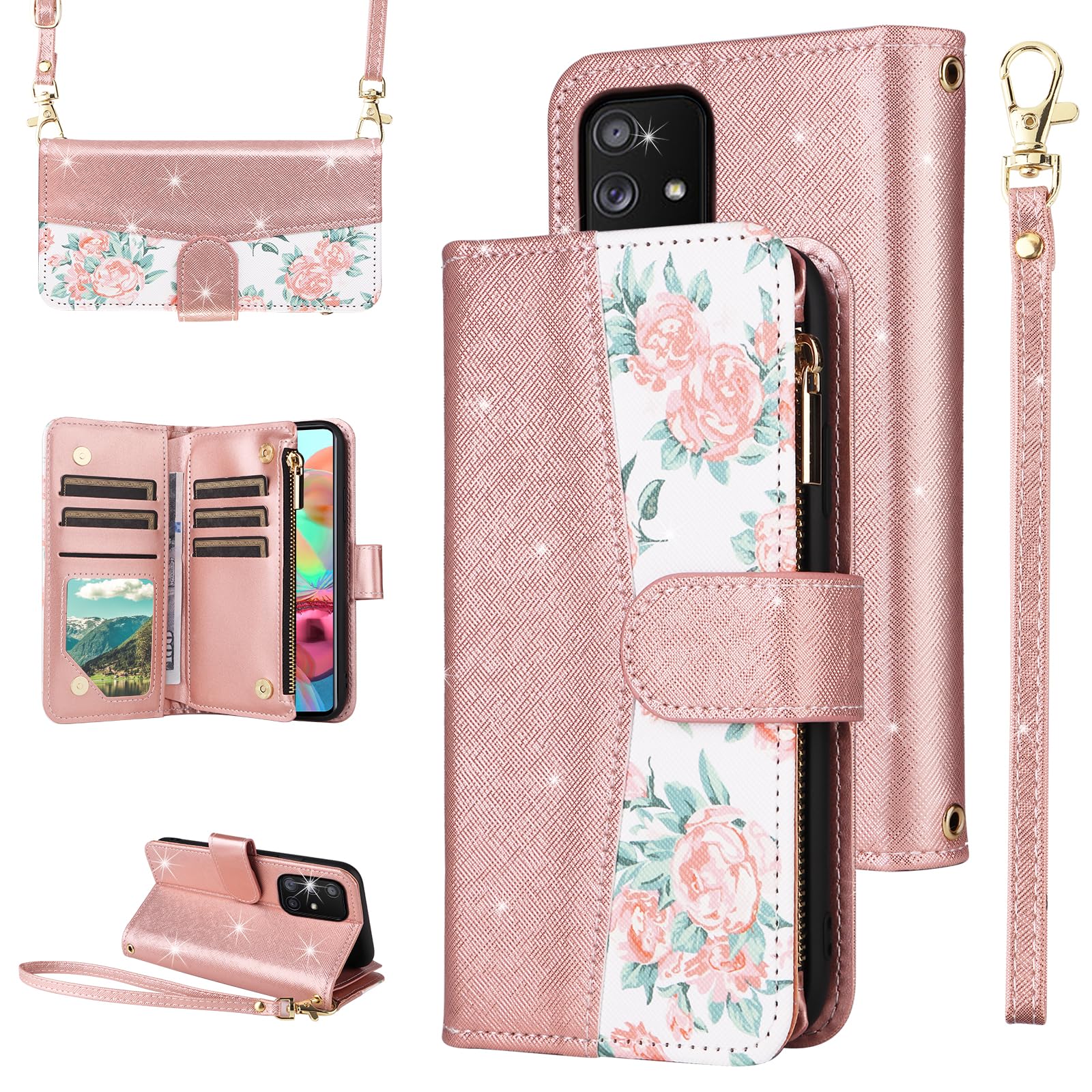 Furiet for Samsung Galaxy A51 5G/A 51 5G UW Verizon Floral Wallet Case with Flip Zipper Purse Wrist Strap Shoulder Strap Glitter PU Leather Card