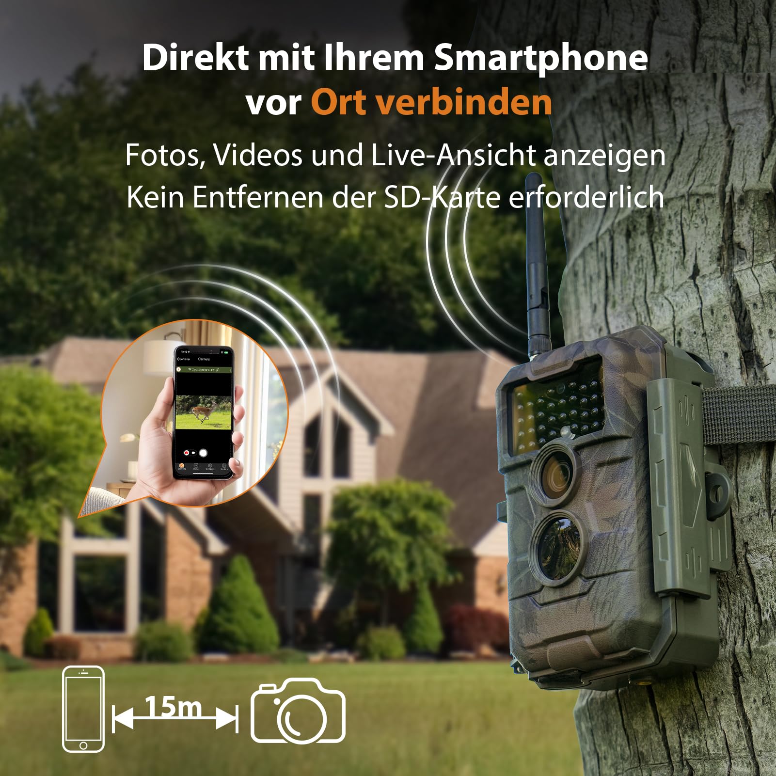 GardePro E6 Wildkamera WLAN, 64 MP, 1296p H.264 Video, 110° Blickwinkel, Wildtierkamera mit Nachtsicht, Bewegungsaktivierung, Garten-Kamerafalle