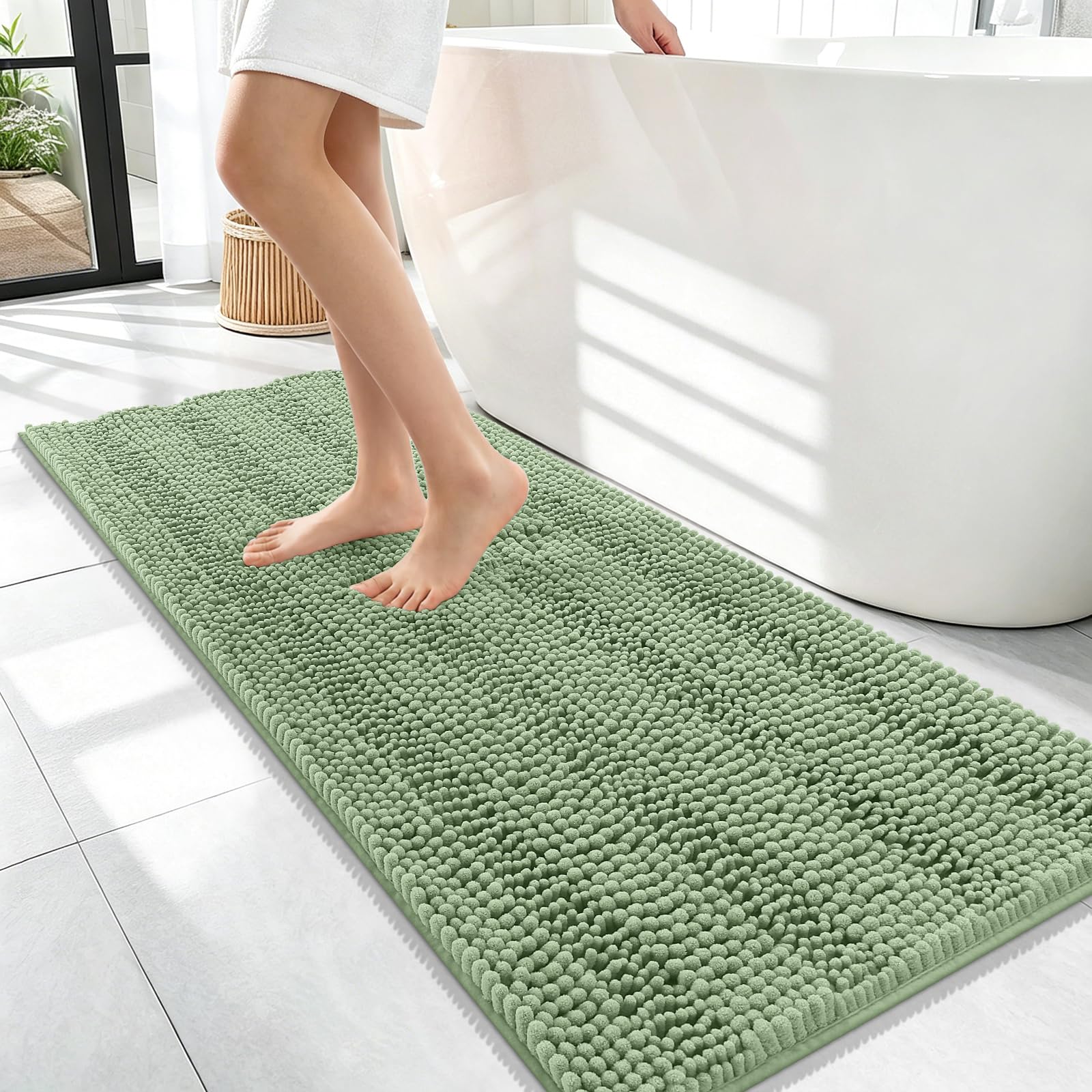 OLANLY Thick Bathroom Runner Rugs 47x17, Chenille Bath Rugs, Sage Green