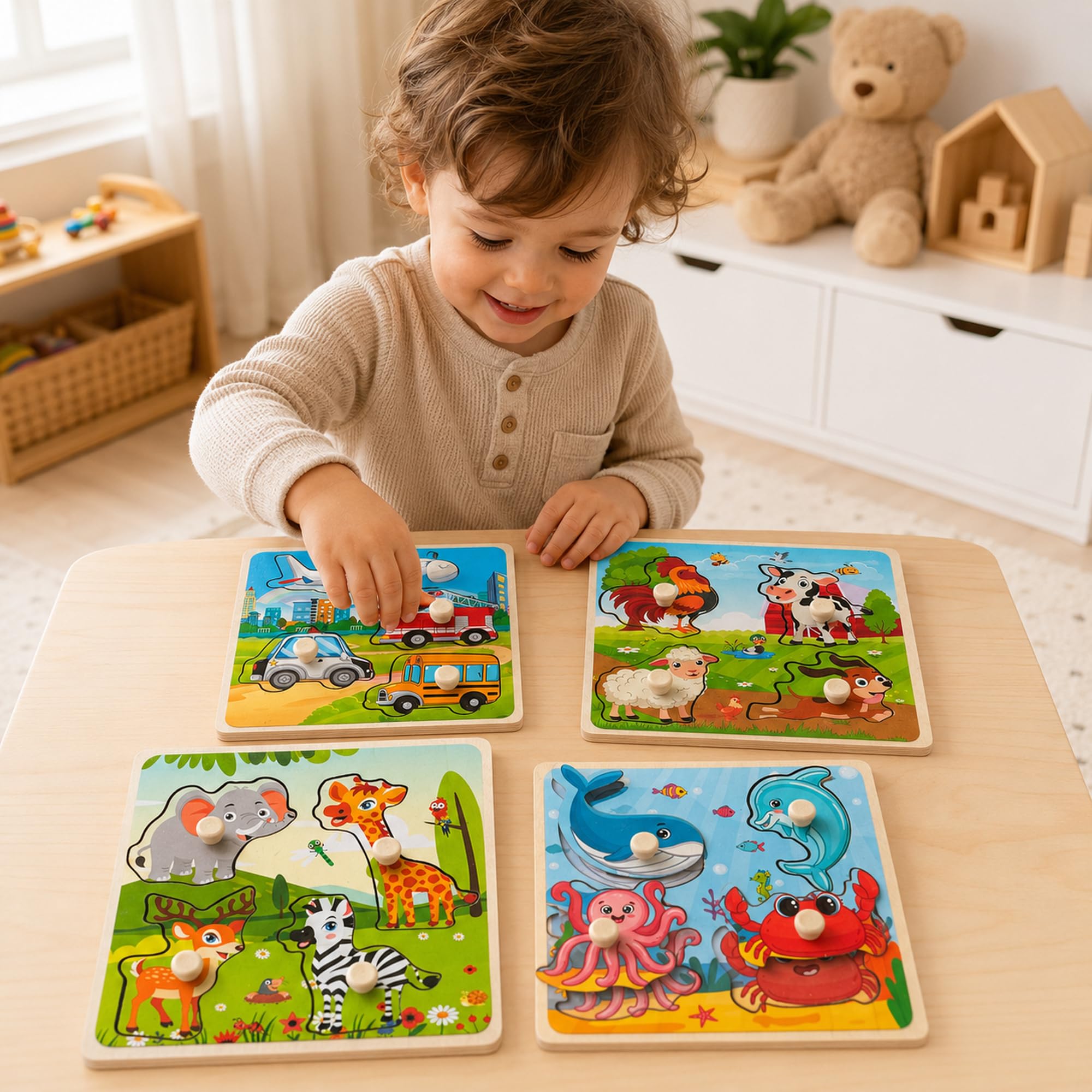 Wooden Peg Puzzle Set for Toddlers, 4 Pack Animal Vehicle Ocean Farm Puzzles, Montessori Wooden Puzzles for Ages 2-4, Preschool Learning Toys for Fine Motor Skills, Gifts for Boys Girls 1 2 3 4