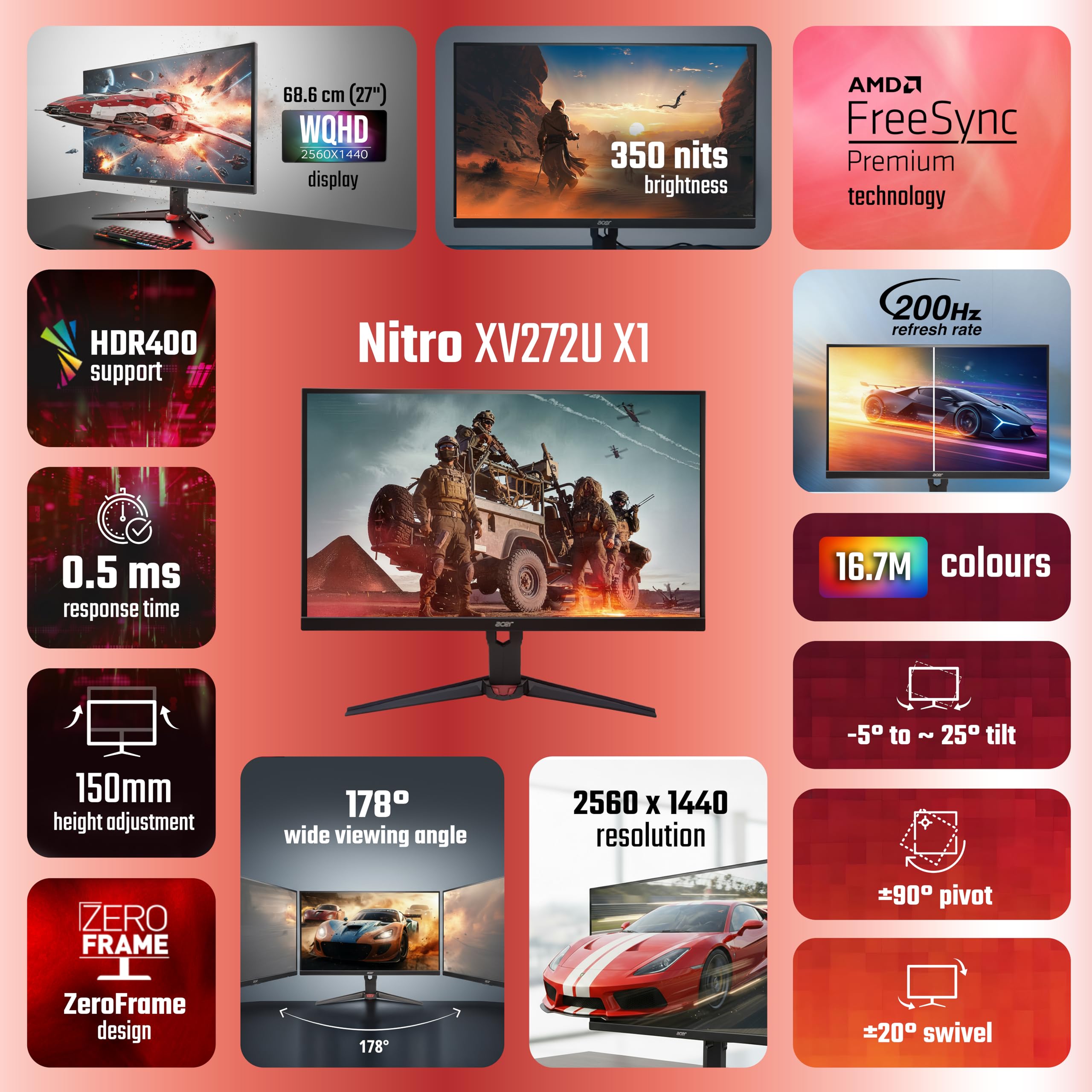 Acer Nitro XV272U X1 27 Inch WQHD (2560×1440) IPS Gaming Monitor | 200Hz Refresh Rate | 0.5ms GTG | AMD FreeSync Premium | HDR400 | 2×HDMI, DP | ErgoStand | 2W×2 Stereo Speakers | DCI-P3 90% | Black — Amazon image 8