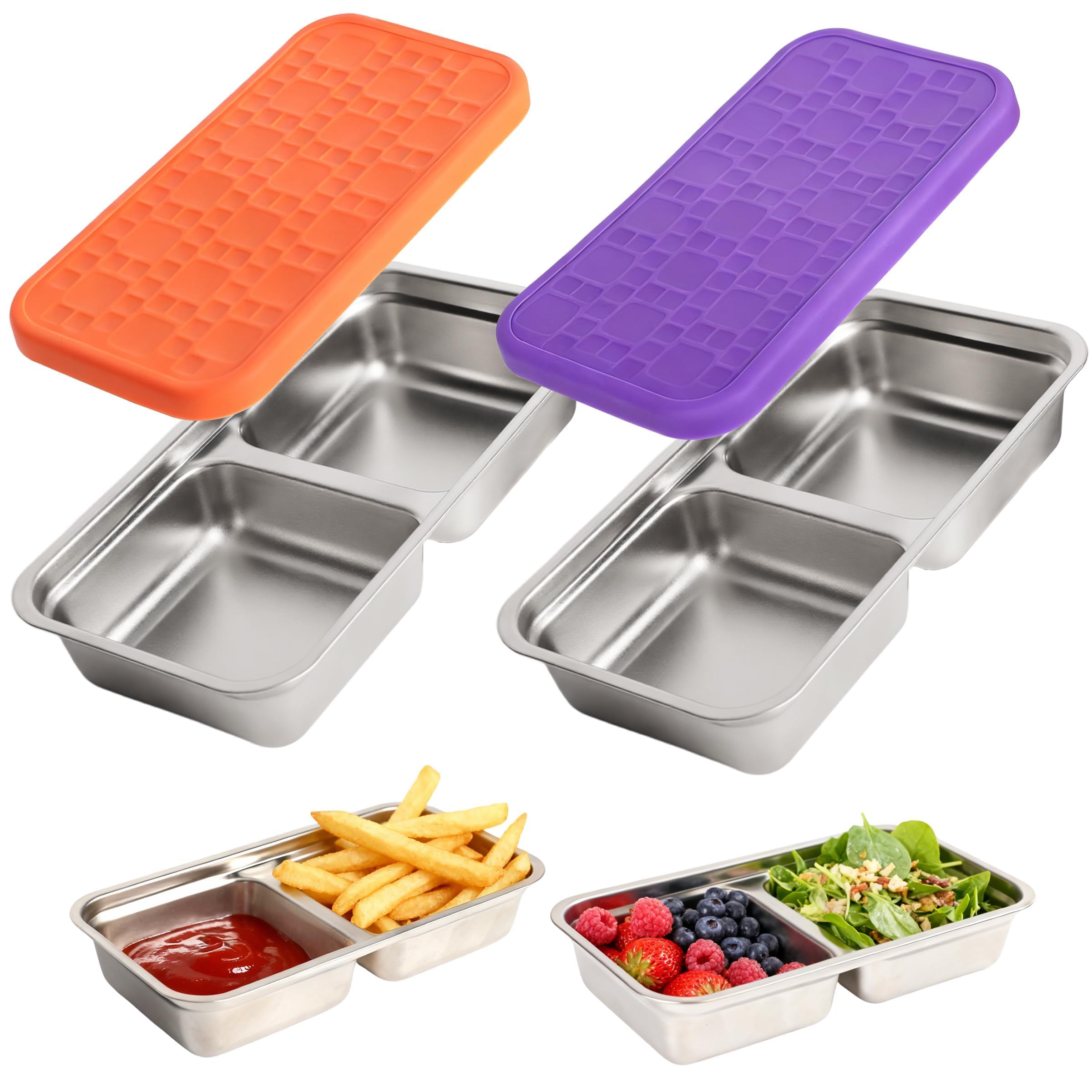 2 Pack Stainless Steel 2 Compartment Snack Box with Leakproof Silicone Lid