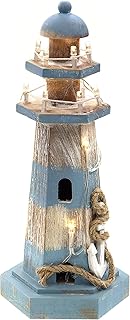 ELLUG Wooden Lighthouse in Brown/Blue with LED Lights and Maritime Details for Standing, Standing Decoration (28 cm)