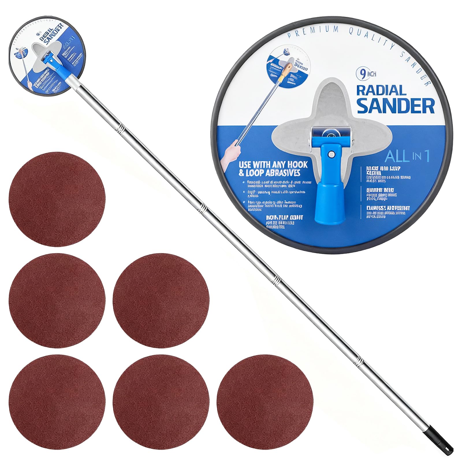 Meetoz Pole Drywall Sander Radial Round Head Wall Sander 360 Degree Rotation Drywall Sanders, 9 Inch Round Radial Sanders And 6 Pcs Sanding Sheets, With Extension Pole For Wall Cleaning And Polishing