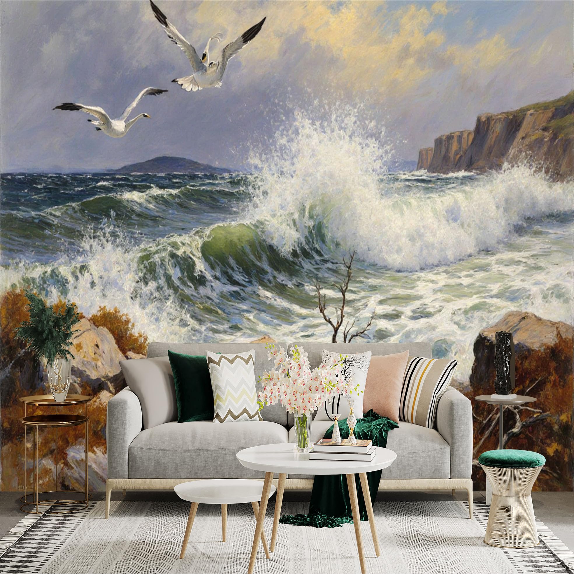 Custom Size Wall Sticker Mural， Ocean Waves with Seagulls and Rocky Coast， Dramatic Sea Landscape Painting， for wall Decoration， peelandstick wall Decals.