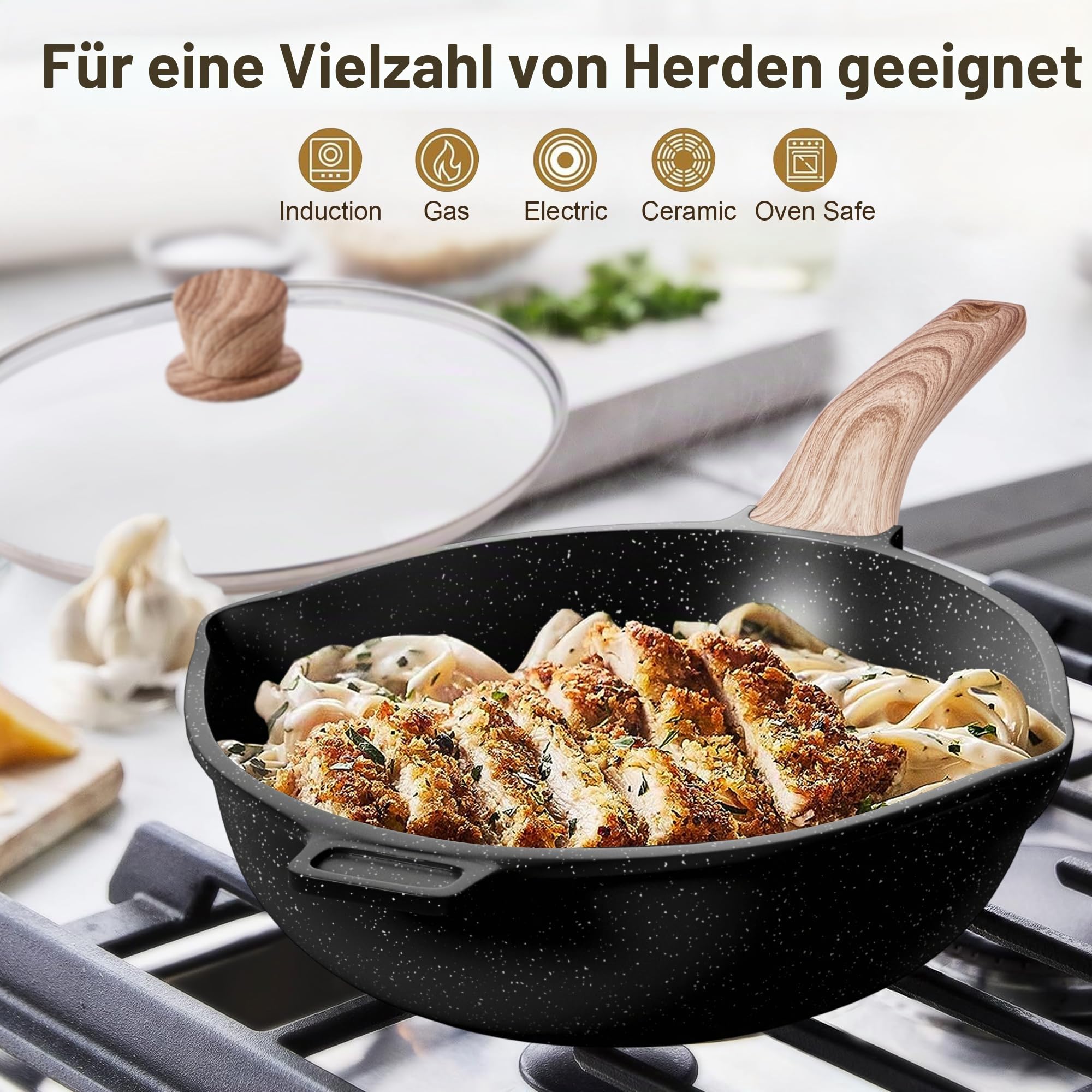RIOVARM Induktion Töpfe und Pfannen Set mit Deckeln Antihaft beschichtung Granit Kochgeschirr-Set PFOA-frei Kochgeschirr-Set mit Holzmaserungs-Griff Bratpfanne Casserole Backform