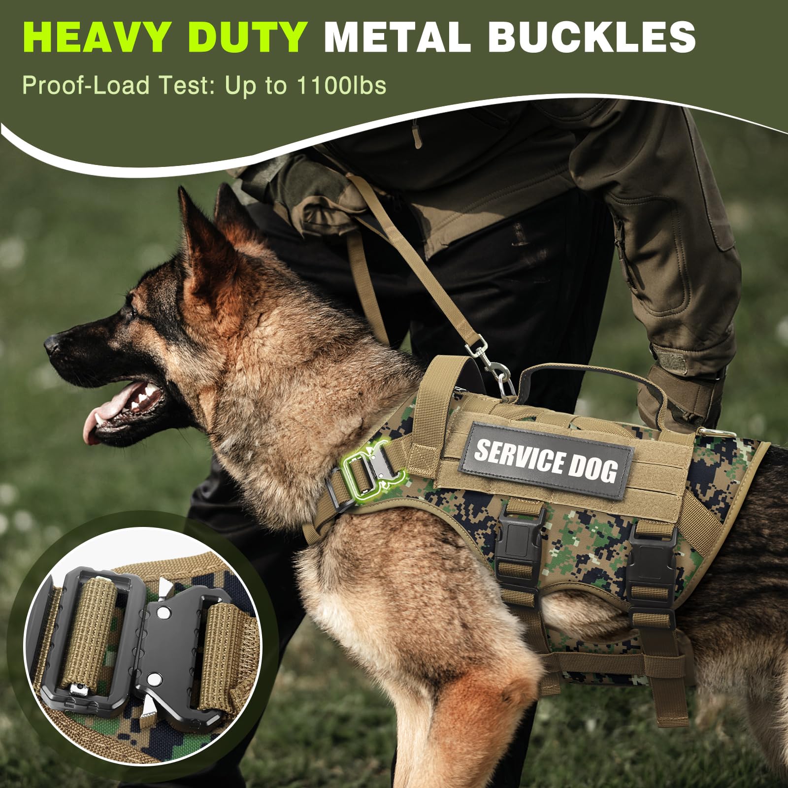WINSEE Arnés táctico para perro con correa para perro, chaleco MOLLE de trabajo de servicio con 10 parches para mascotas, arnés militar sin tirones y mochila para entrenamiento, caza y caminata