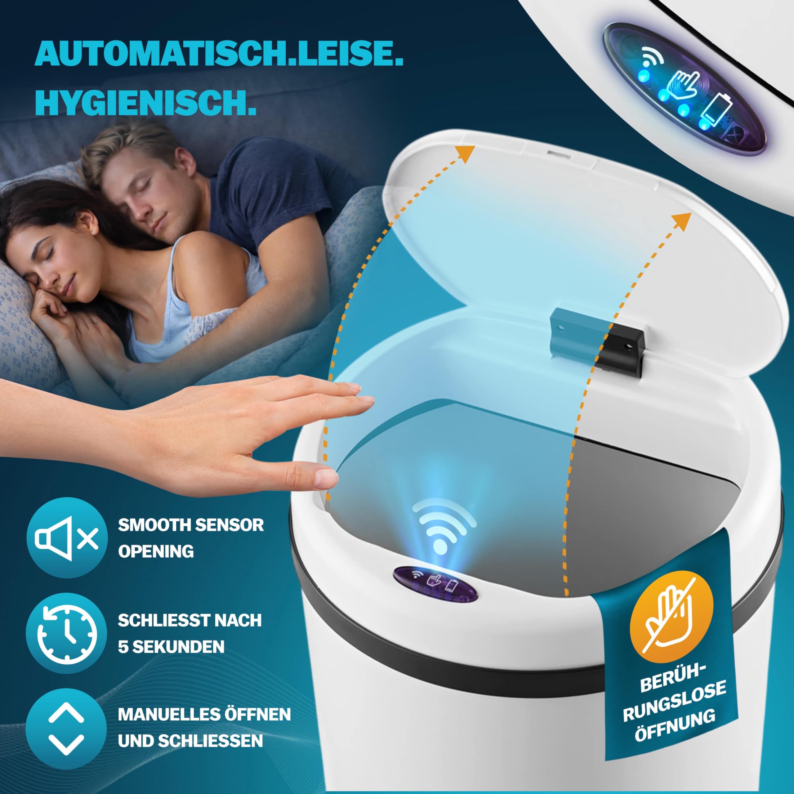 Monzana Sensor Mülleimer Küche Weiß | 30 L, Smarter Abfalleimer, mit Sensor, Berührungslos, Recycling, Edelstahl, inkl. USB-Kabel, Geschütztes Batteriefach