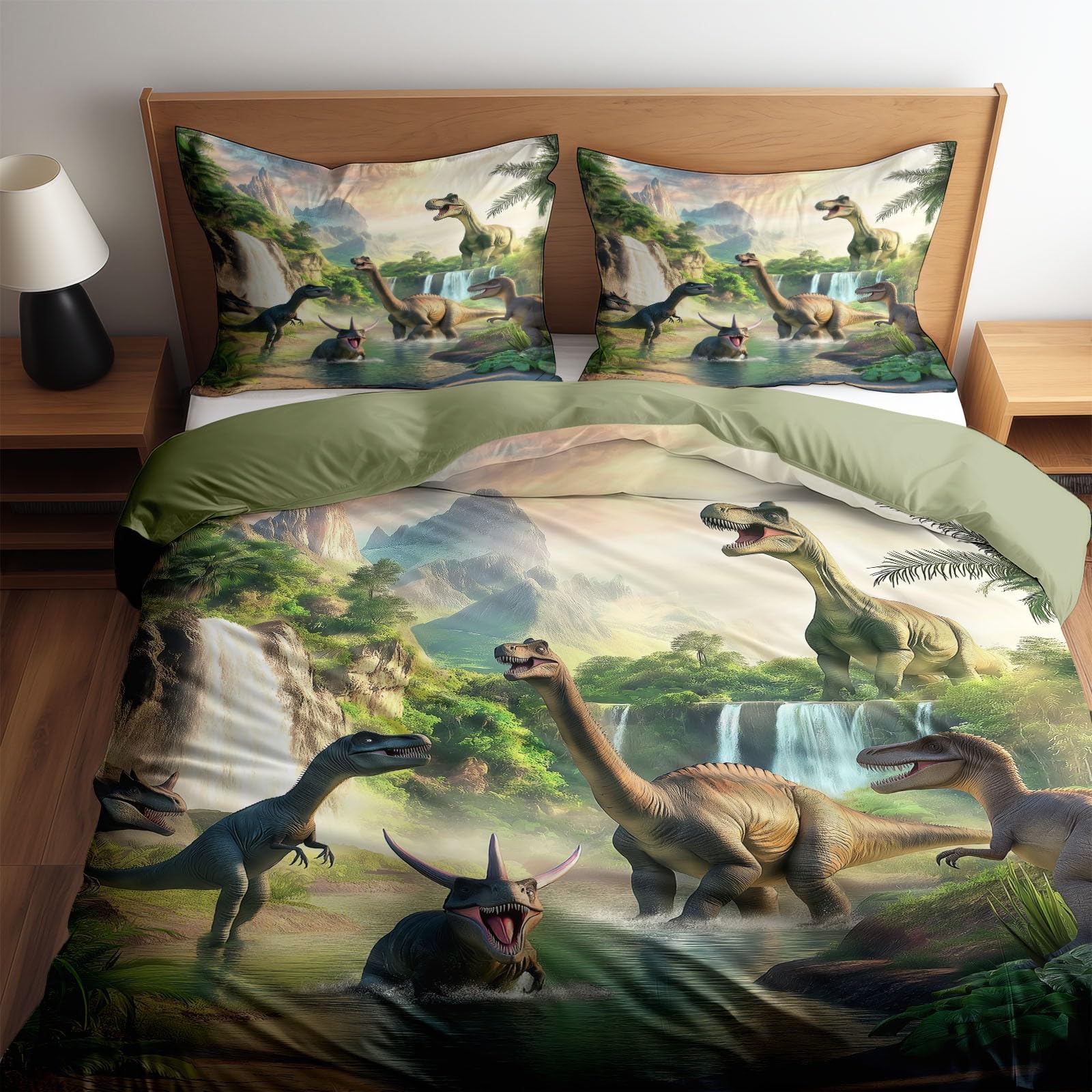 Dinosaure Dessin Animé Housse de Couette 1 Personnes 140 x 200 cm pour Ado Fille Enfants, Cascade Forêt Parures de Lit Hypoallergique en Microfibre avec Fermeture Éclair et 2 Taies d'oreiller