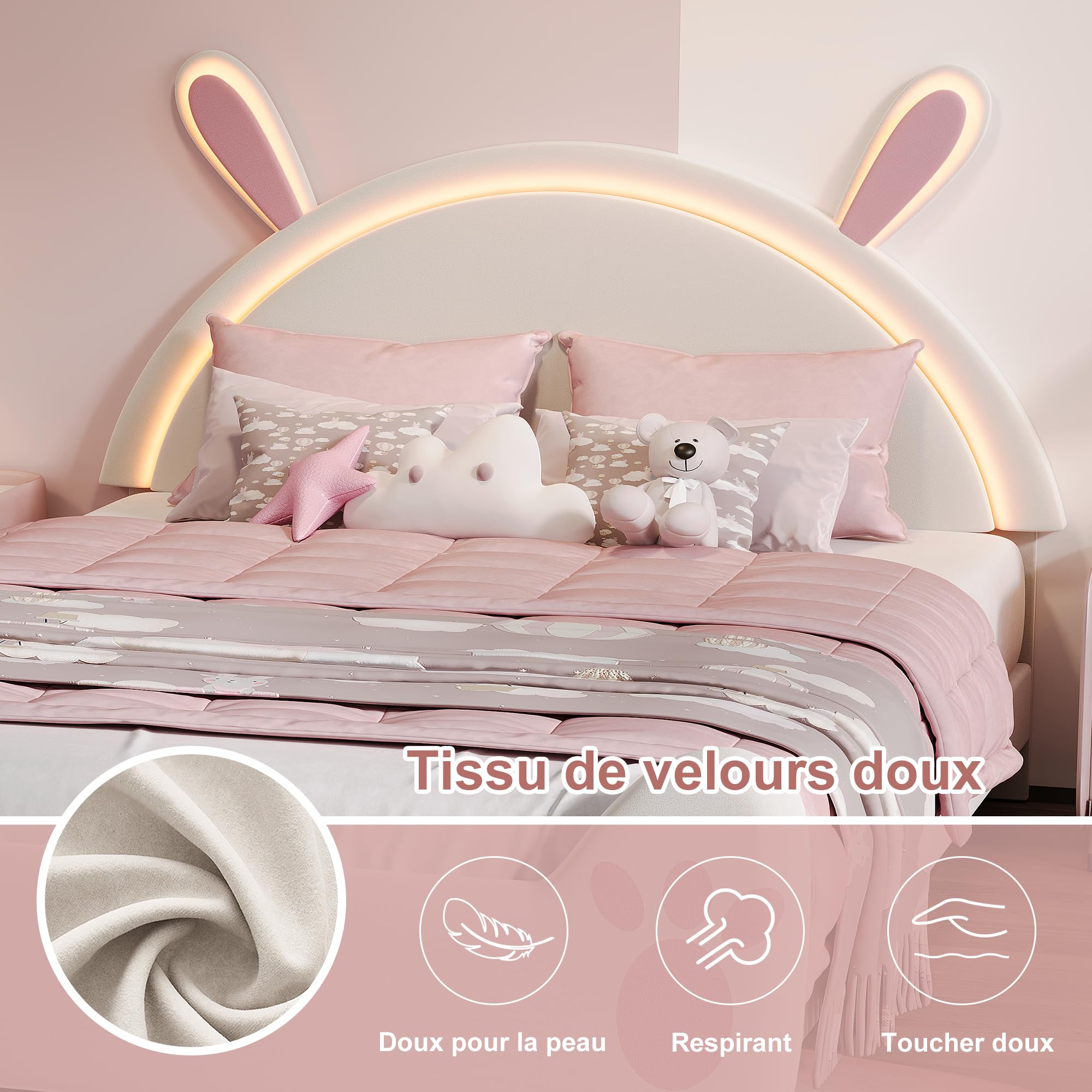 Łóżko dziecięce, tapicerowane łóżko 140 x 200 cm z diodami LED, łóżko dla księżniczki, podwójne łóżko z zagłówkiem w kształcie zająca, łóżko dla dziewczynki, łóżko młodzieżowe, rama łóżka z