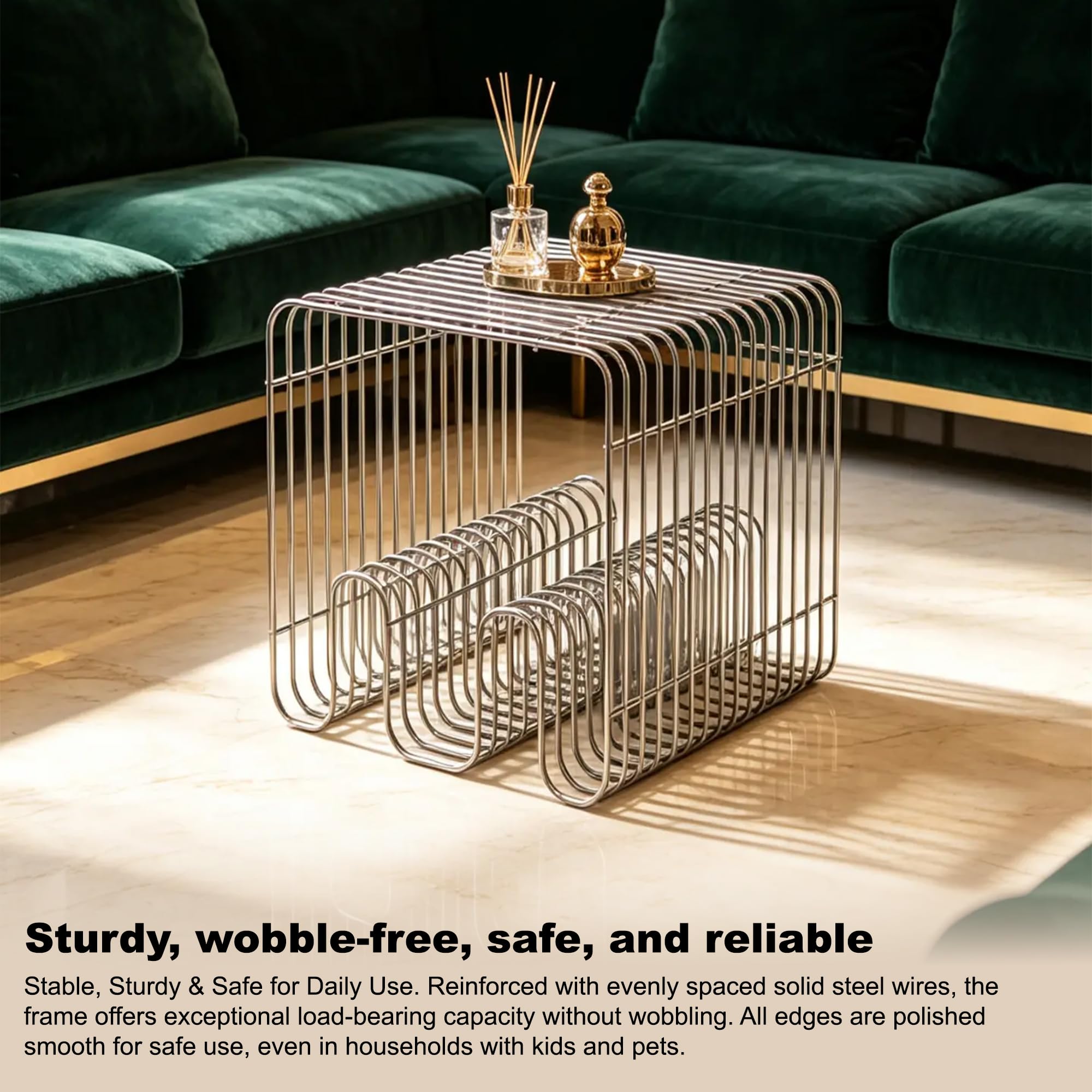 Retro Side Table, Accent Bedside Table for Living Room, Stainless Steel Linear Metal Small End Table, Iron Multi-Purpose Desktop Shelf