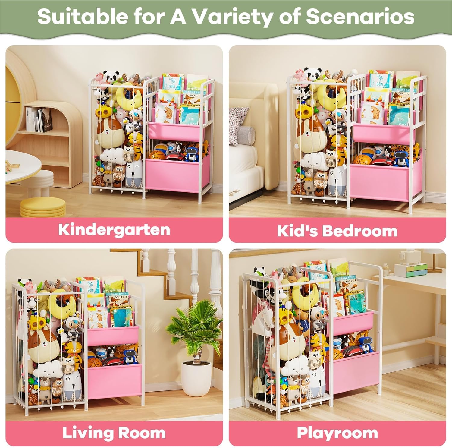 Kids Bookshelf and Toy Storage, 3-Tier Kids Book and Toy Shelf with Stuffed Animal Zoo Storage, Toddler Bookshelf and Toy Organizer for Bedroom Playroom Nursery(Pink)