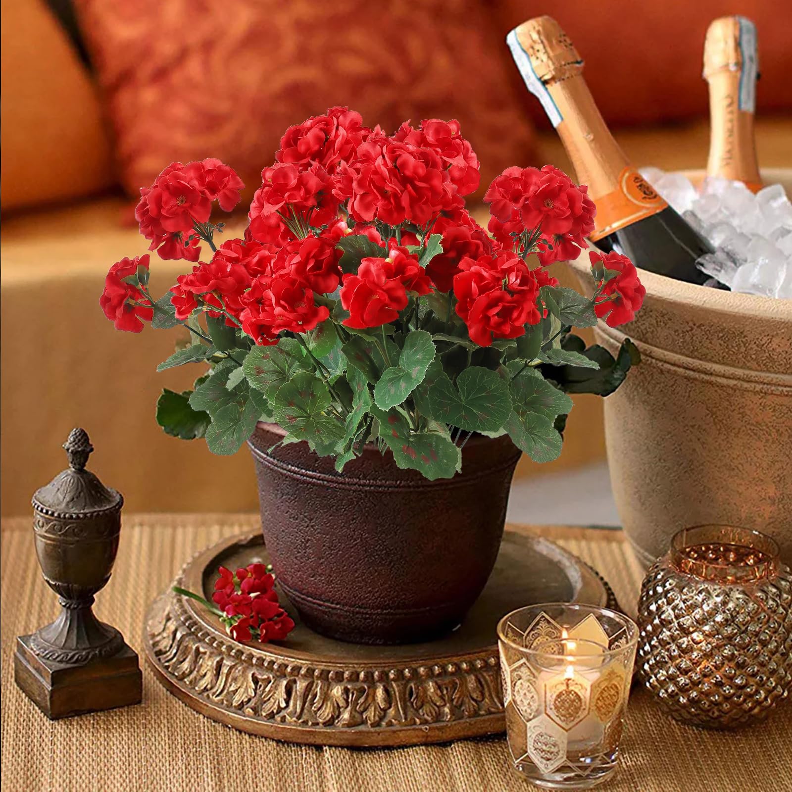 Avoik Fiori artificiali per esterni 4 fasci di gerani Piante finte Fiori Fiori di seta finti Resistenti ai raggi UV Piante interne esterne per giardino portico matrimonio casa (rosso