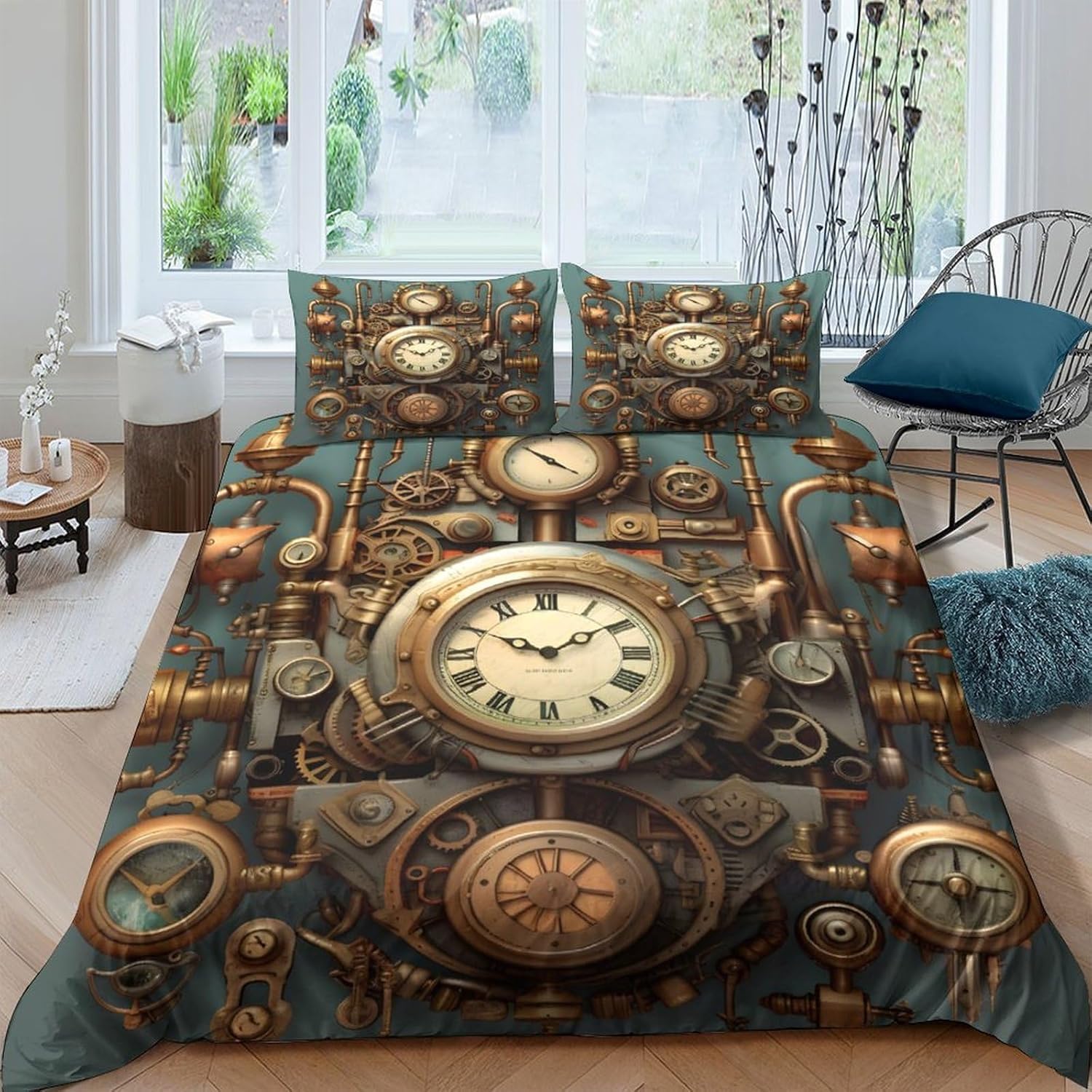 Pościel z zegarkiem mechanicznym, 240 x 260 cm, styl retro, poszewka na kołdrę 3D, miękka pościel z mikrofibry, zestaw 3-częściowy z 2 poszewkami na poduszkę 80 x 80 cm, dla nastolatków i dorosłych, E