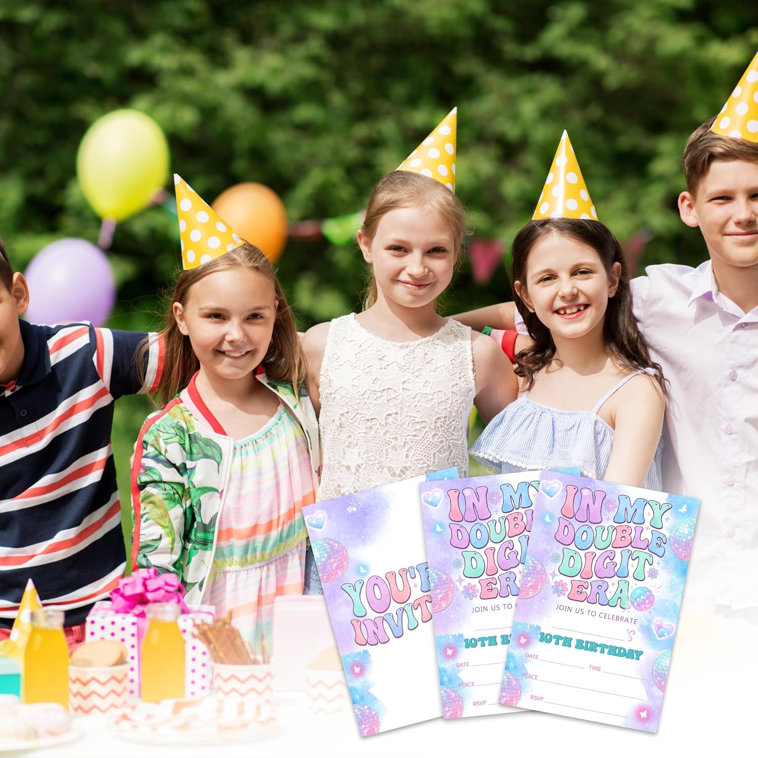 20 Pack 4"x6" Birthday Invitations with Envelopes, In My Double Digit Era 10th Iridescent Fill-in Birthday Party Invites for Kids Adults, Party Supplies Decorations Invitation Cards - B03