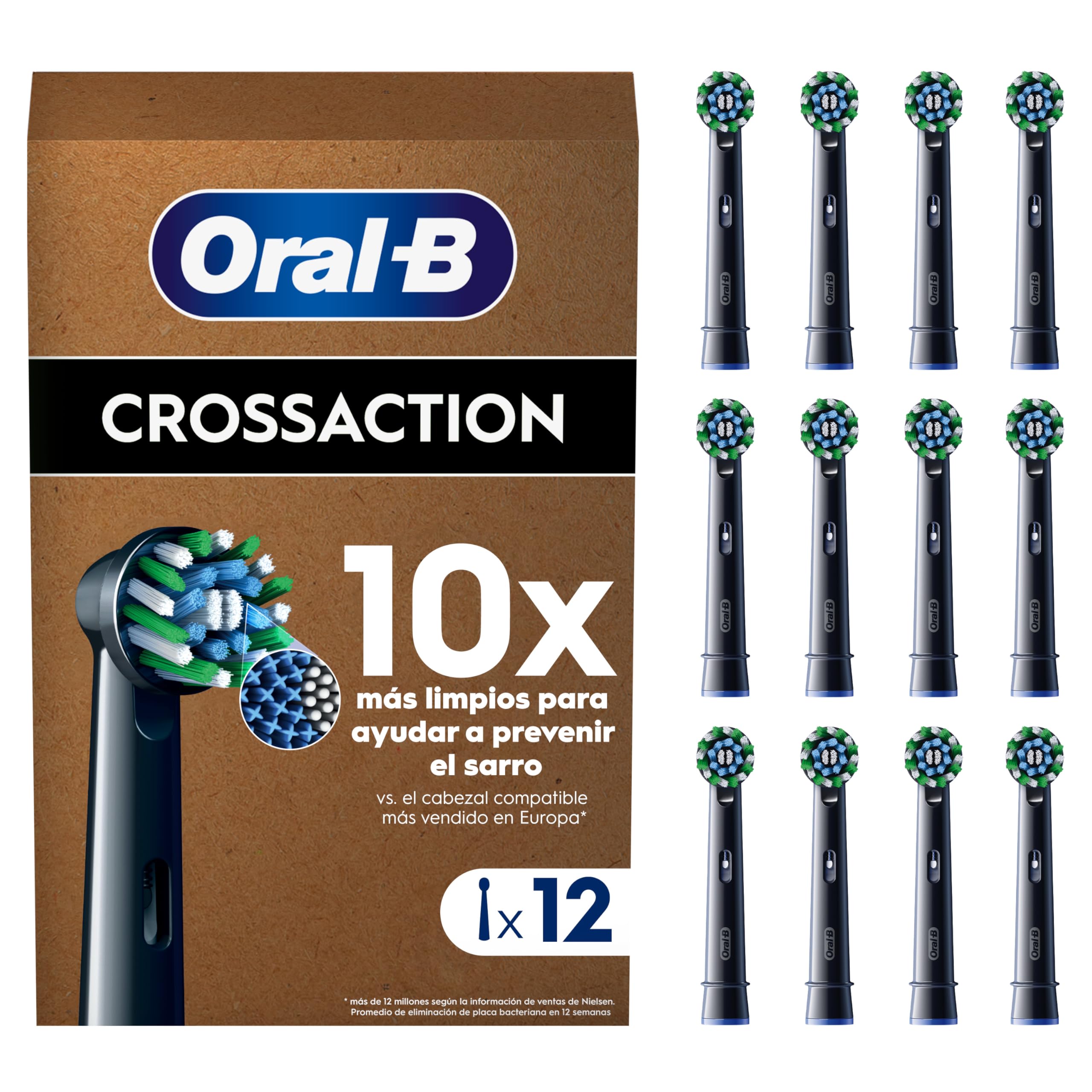 Oral-B Pro CrossAction Recambios ORIGINALES para Cepillo de Dientes Eléctrico Oral B, Pack de 12 Cabezales De Recambio con Indicador De Uso, Negro - Originales (Tamaño Buzón)