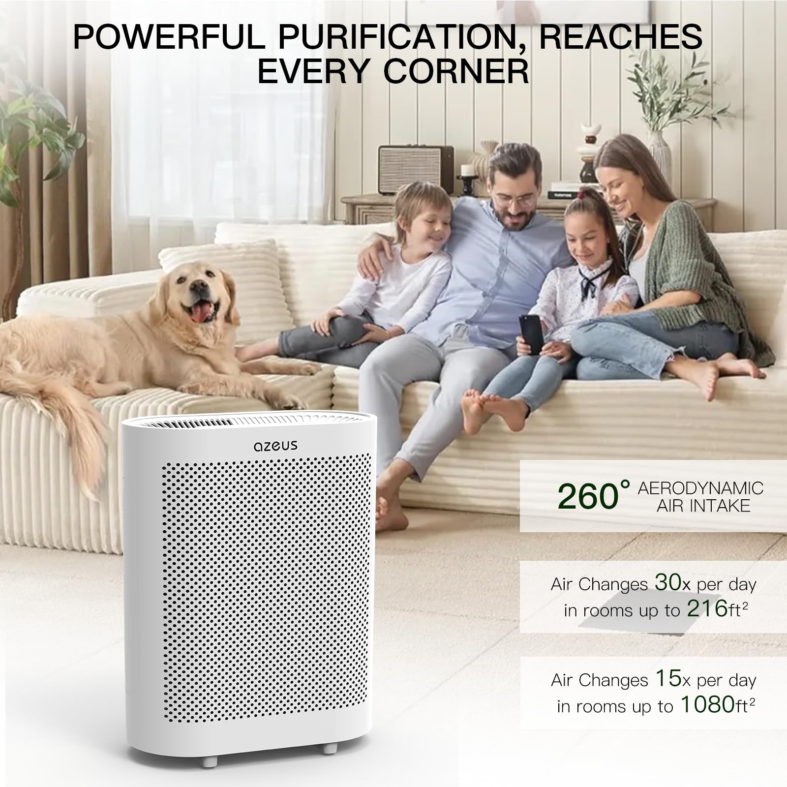 Azeus Purificatore d'aria FS32 True HEPA per stanze grandi, bianco, alto CADR 400m³/h, rimozione di polvere di fumo e peli di animali domestici, modalità automatica con sensore di qualità dell'aria