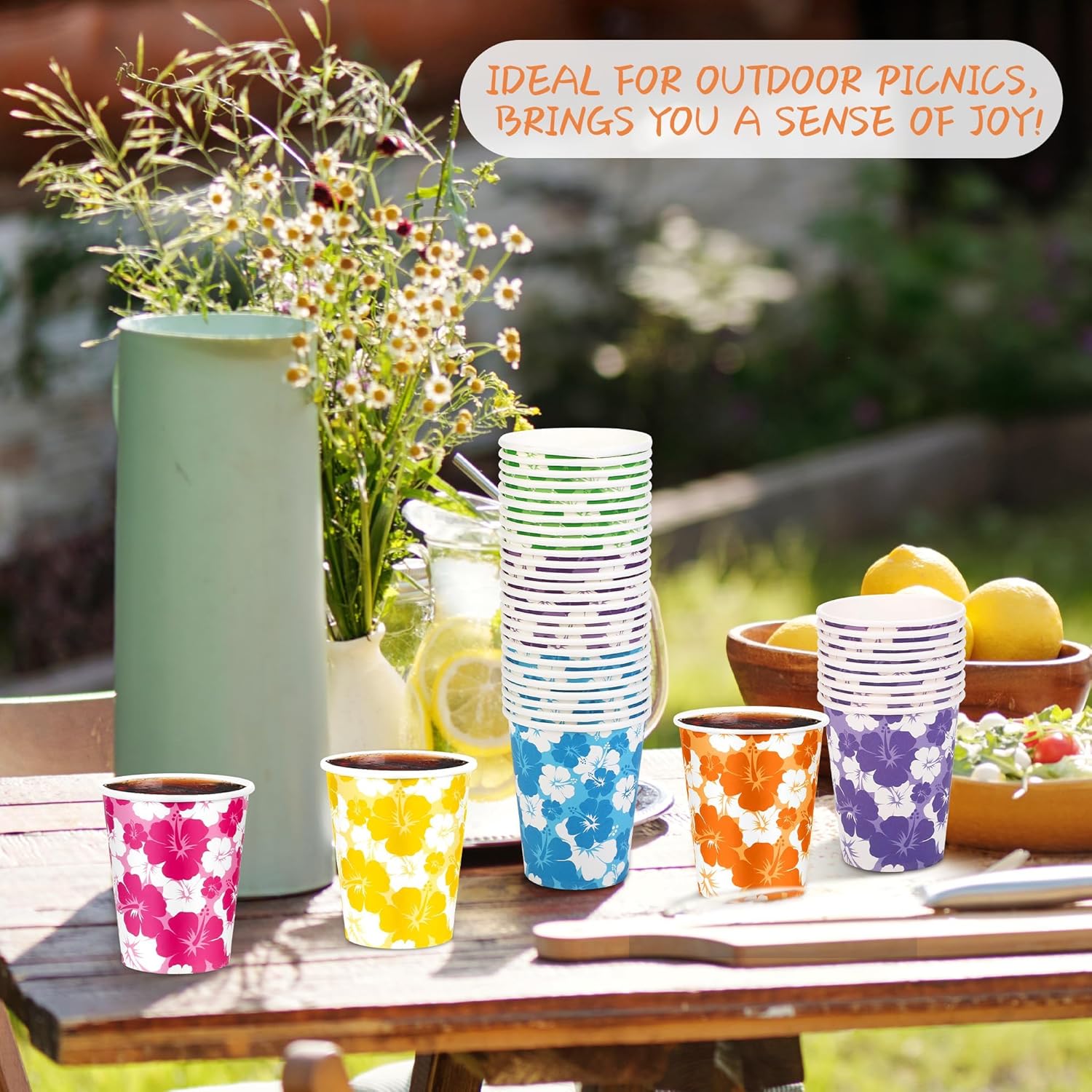 Kochorie 120 Pack Hawaii Hibiscus Disposable Drinking Cups Tropical Luau 9 Oz Tiki Summer Party Supplies Drinkware Hawaii Aloha Cups Party Decorations Pool Beach Supplies, 6 Colors