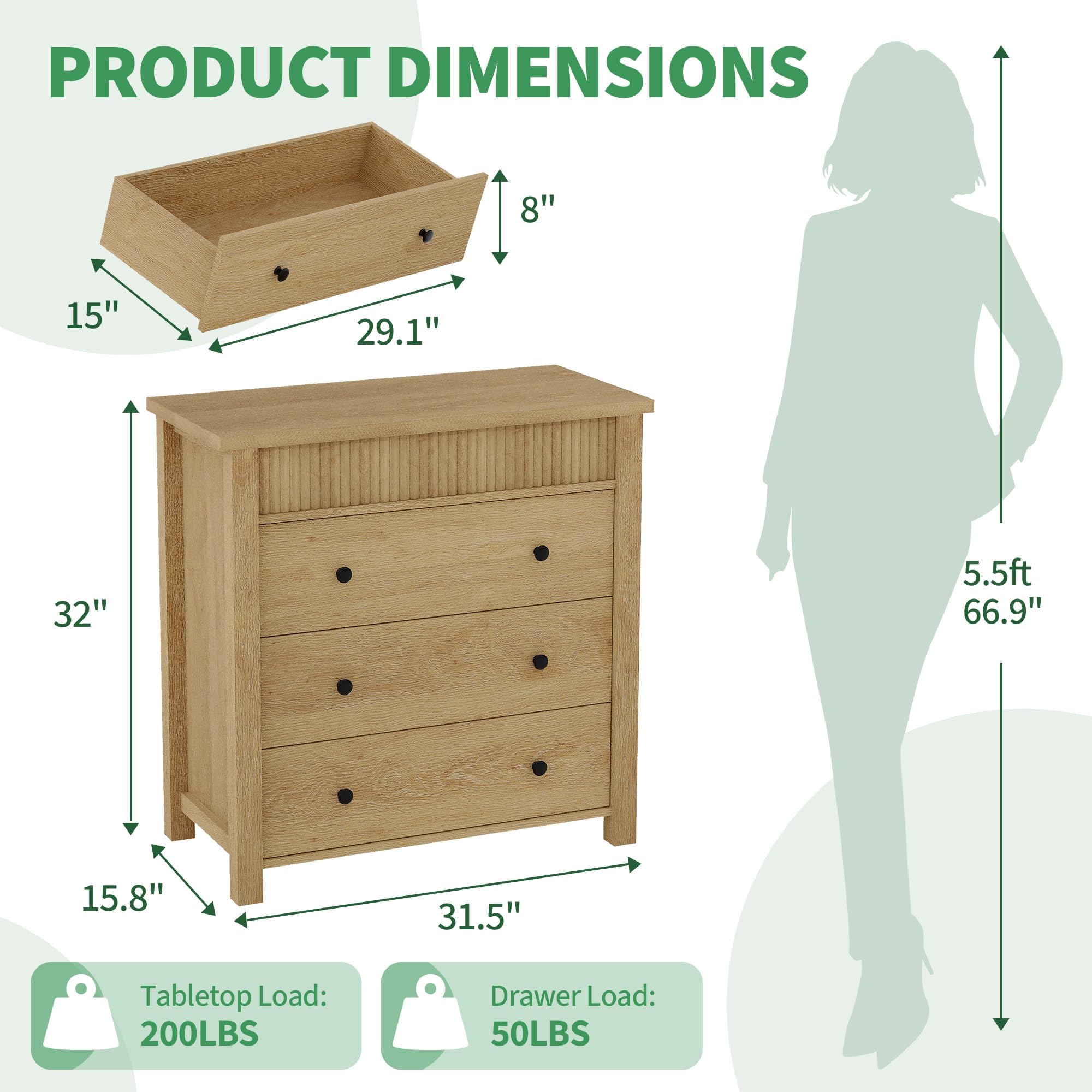 Garvee Comò a 3 cassetti per camera da letto, comodino moderno a coste in legno, cassettiera in legno per camera da letto, soggiorno, corridoio, 80 x 40 x 81 cm, rovere naturale