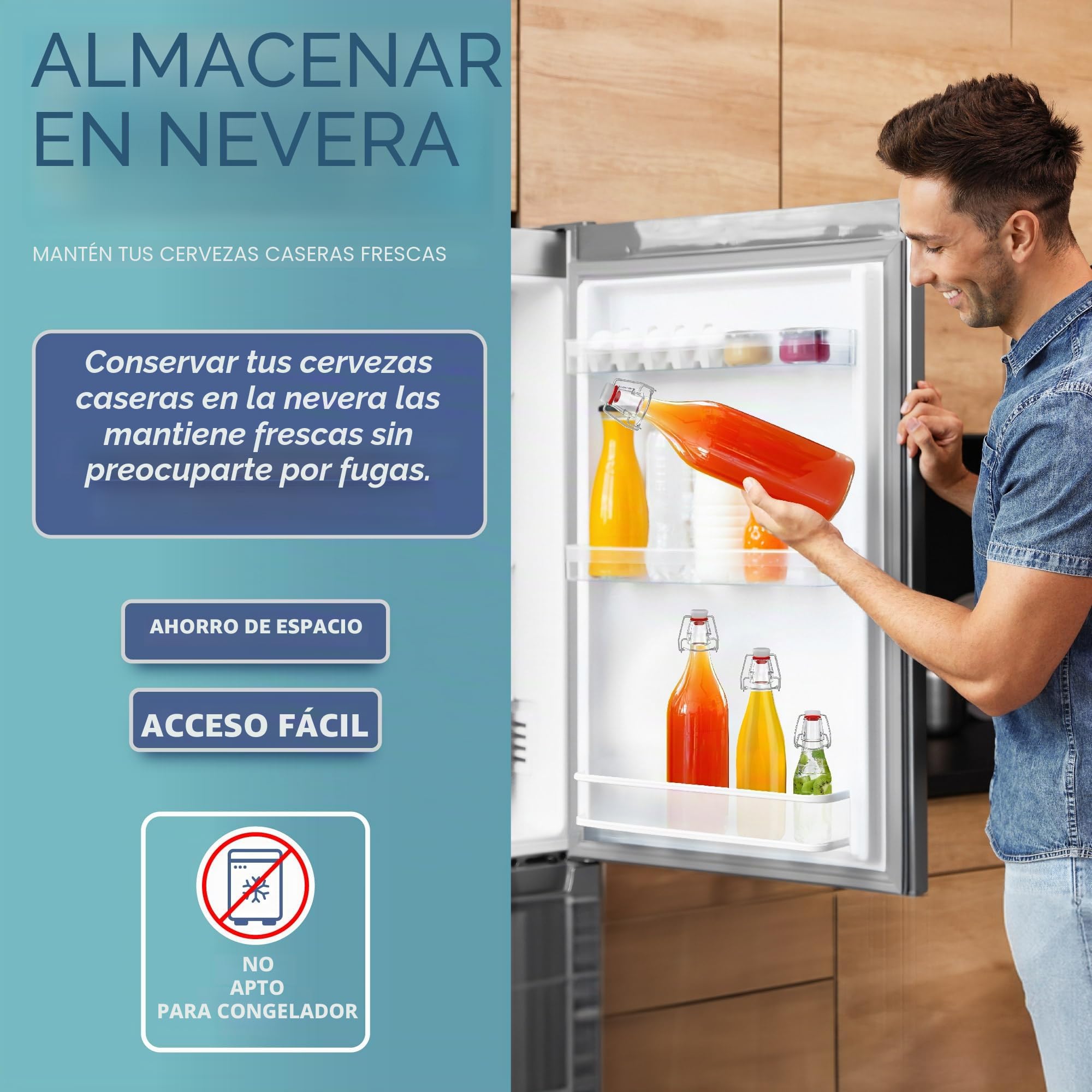 Botellas de vidrio HEFTMAN con cierre hermético, 1 litro, paquete de 6 botellas transparentes con tapa hermética para vino, especias, bebidas, aceite, vinagre, kombucha y agua, 6 unidades (1 litro)