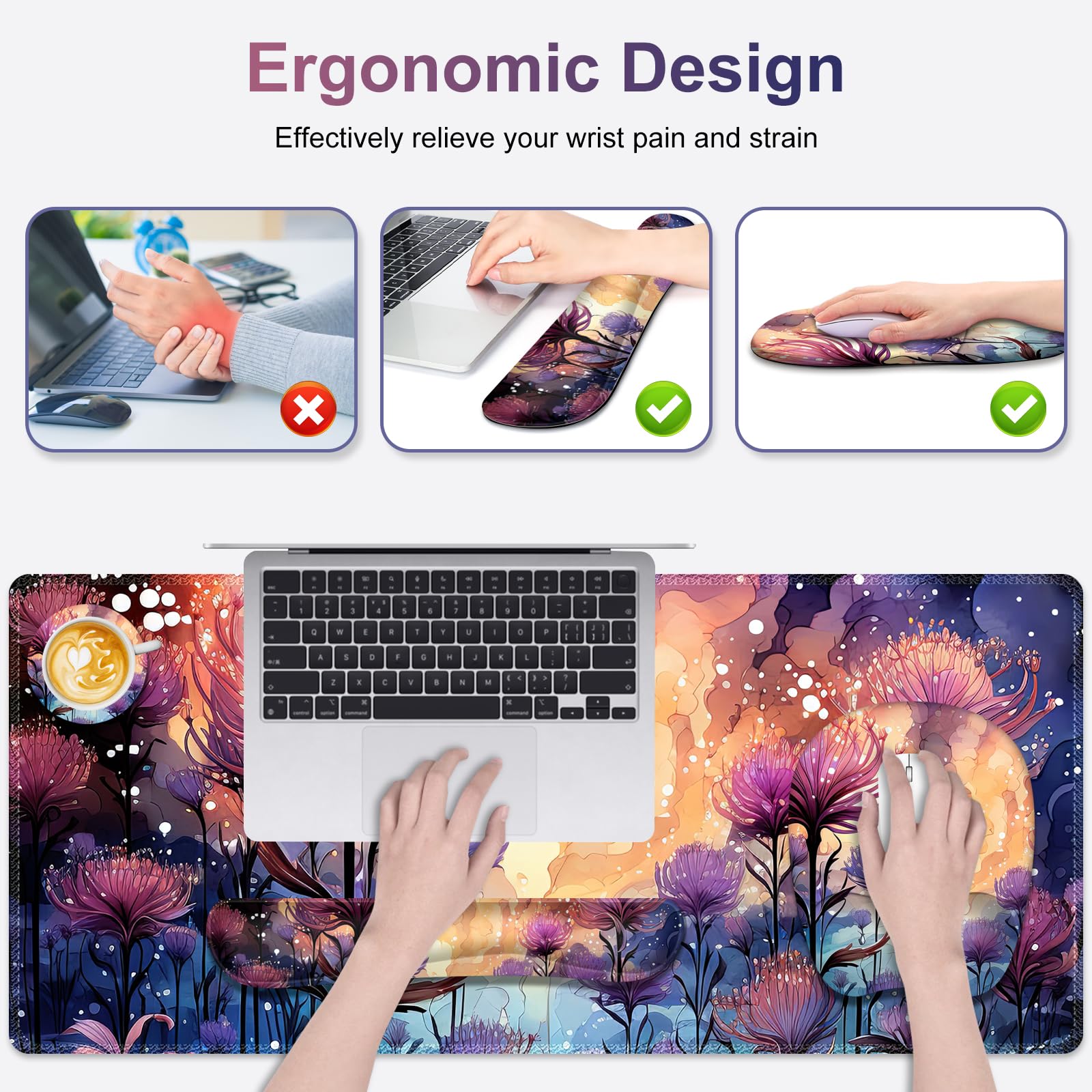 Alfombrilla de mouse grande 4 en 1, juego de reposamuñecas para teclado, alfombrilla ergonómica para mouse con soporte de muñeca, alfombrilla de escritorio con bordes cosidos, alfombrilla de