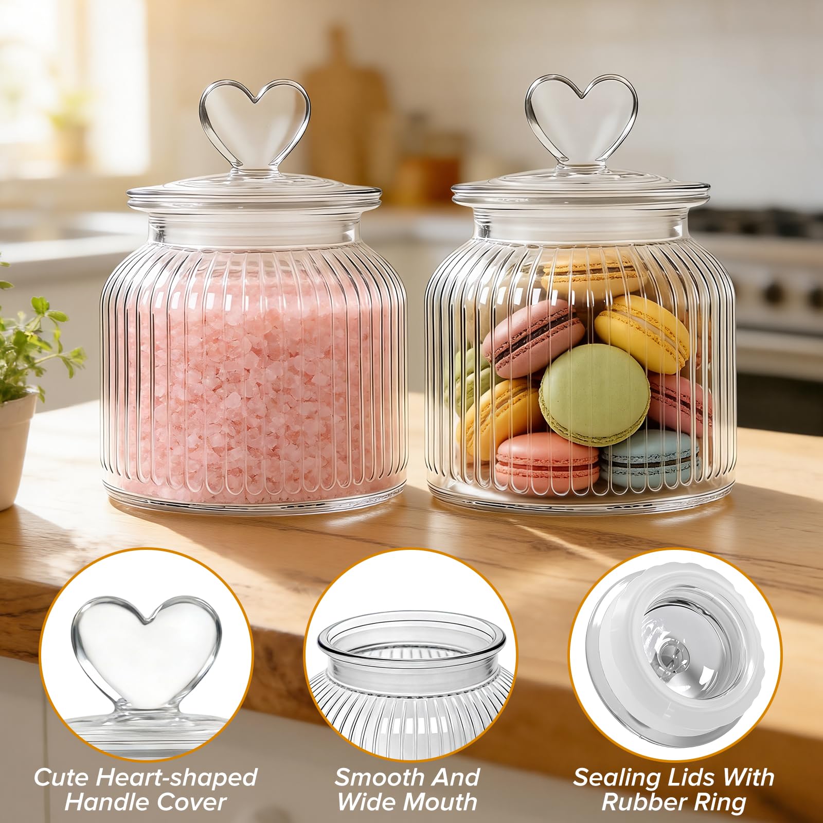 Mssushi 2stk 650ml Luftdicht Vorratsgläser, Glas Bonbonglas Herzförmiges mit Deckel, Geeignet für Candy Bar, Kekse, Süßigkeiten, Küche, inklusive Messlöffel (2, Transparentes Streifendesign)