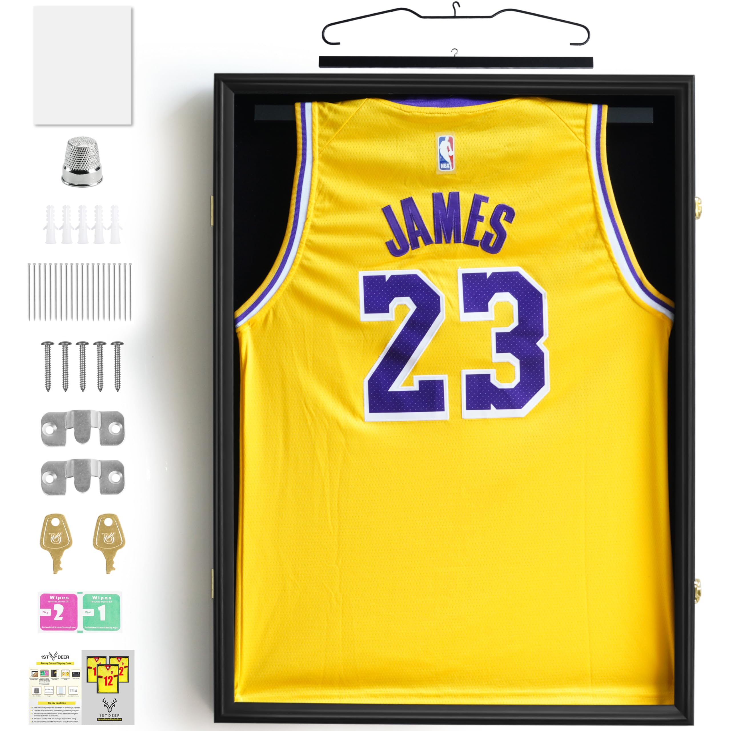 1st Deer Jersey Frame Display Case – Lockable Shadow Box with 98% UV Protection – 2 Hangers, Pin Board – for Baseball, Basketball, Football, Soccer, Hockey, Sports & Unifrom Shirt – Large, Black