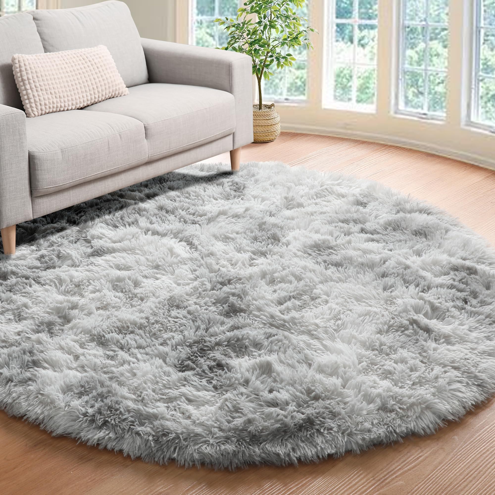 Alfombras Salón Redonda Pelo Largo Alfombra Habitación Dormitorio Lavables Alfombra Antideslizante Muy Suave para salón o Dormitorio, Alfombra esponjosa de Cama(Gris Claro,Ø 120 cm Ronda)
