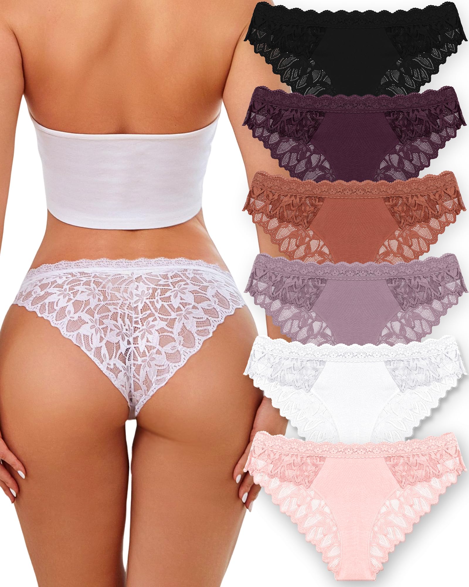 ROSYCORAL Sexy Underwear for Women Lace Cheeky Soft Hipster Low Rise Breathable Undies Cotton Bikini Panties 6 Pack: Black,purple,copper,dusky Mauve,white,peach X-Large