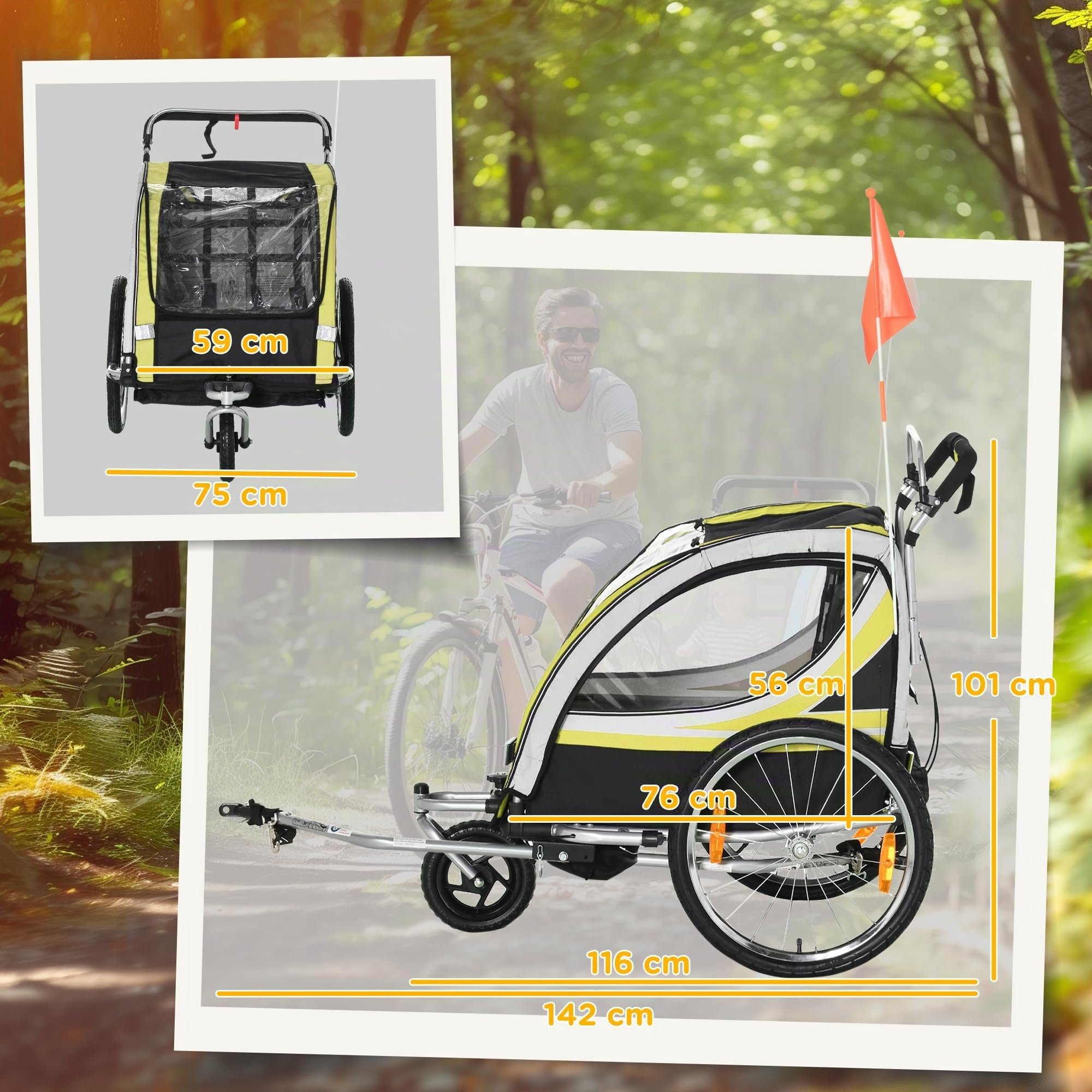 HOMCOM 2 in 1 Kinderfahrradanhänger, Kinderanhänger, Fahrradanhänger mit Mesh-Tür, 360° Drehbares Vorderrad, Buggy mit Bremse, Anhänger, 142 x 75 x 101 cm