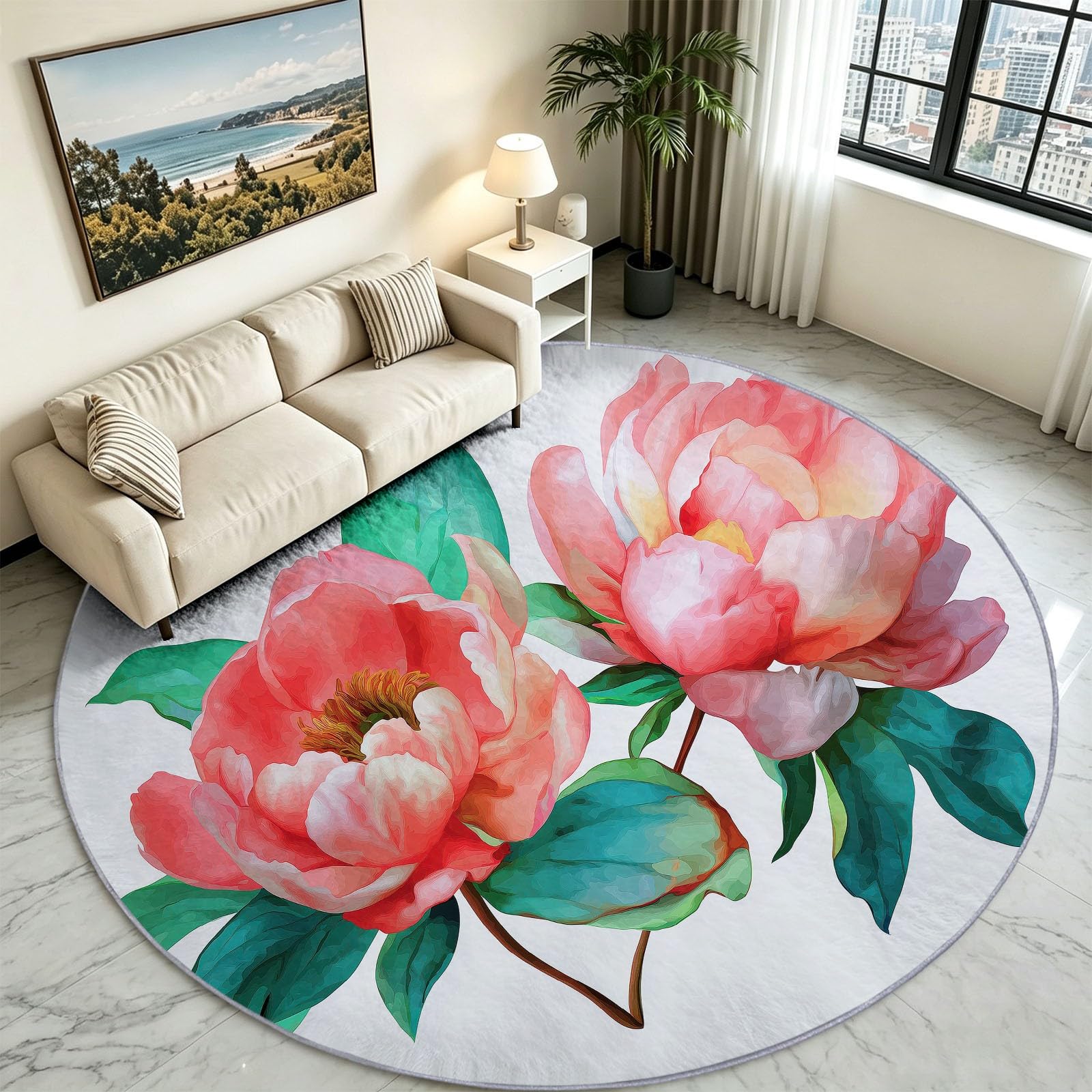 Générique Tappeto rotondo acquerello 120 cm, peonia, foglie verdi floreali, lavabile in lavatrice, per soggiorno, sala da pranzo, cameretta dei bambini, infermiere, pelo corto, morbido, antiscivolo