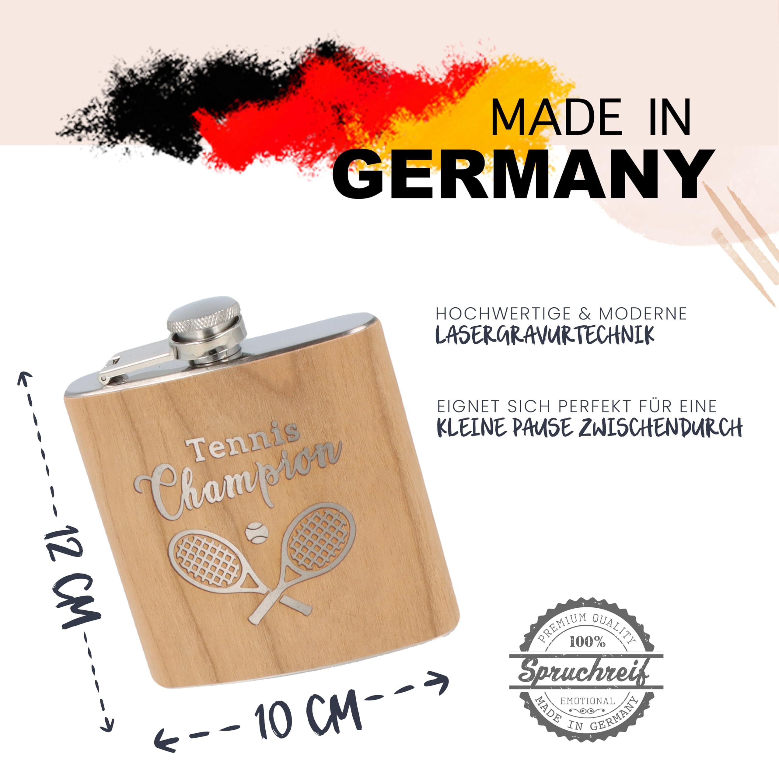 Spruchreif | Fiaschetta in Acciaio Inox con Incisione | Fiaschetta da Tennis | Regalo per Giocatori di Tennis | Fiaschetta in Legno | Regalo Tennis