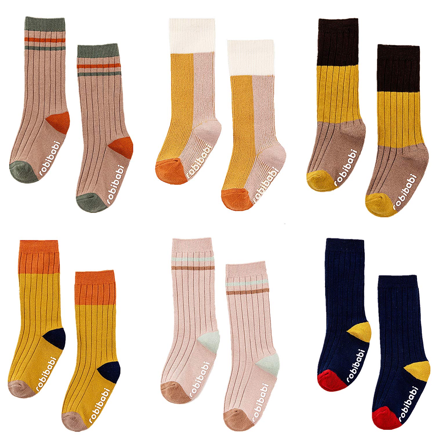 JUNOAIBaby Toddler Knee High Anti Slip Non Skid Cotton Socks with Grips for Girls and Boys 6 Pairs 0-3 Years