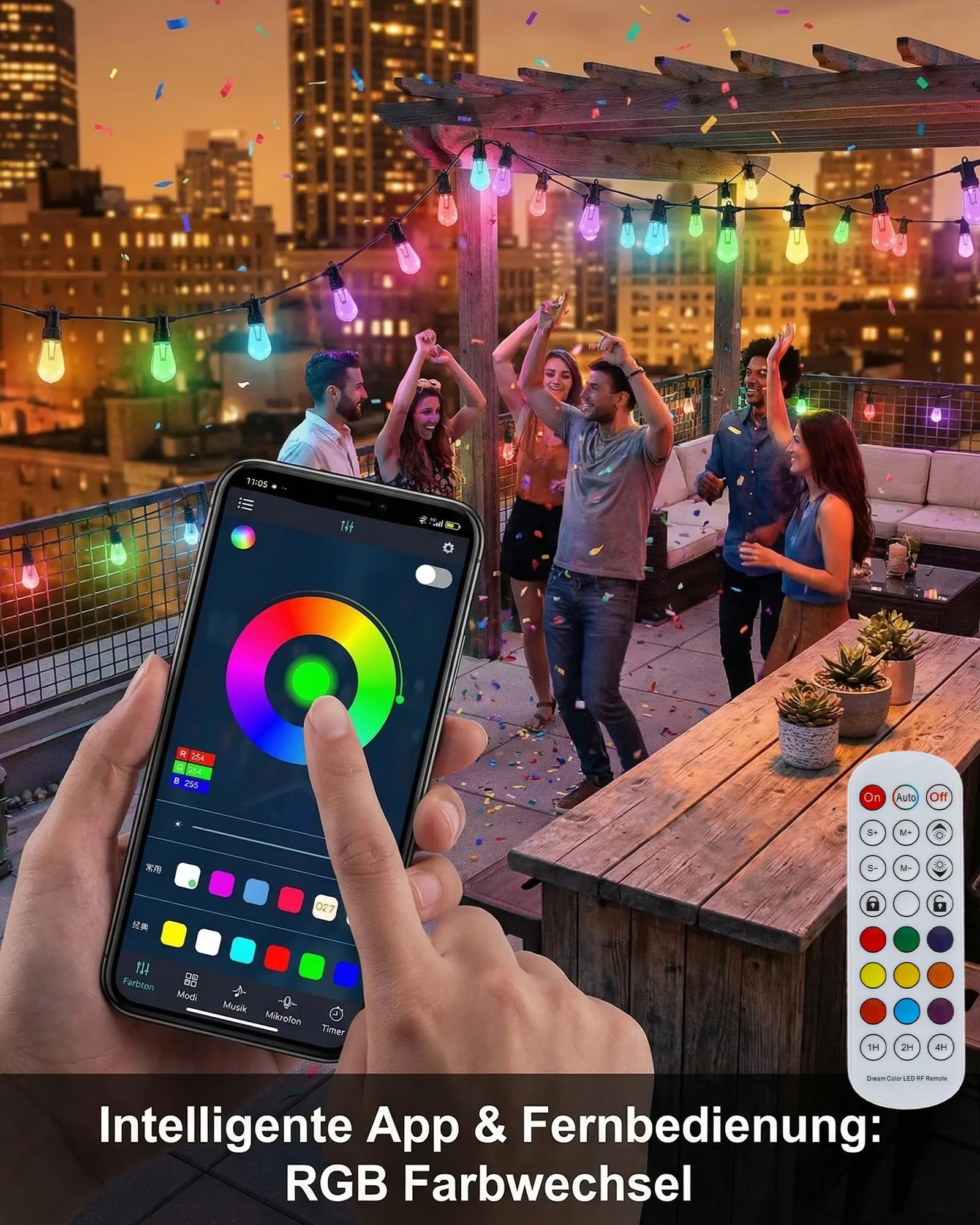 RGBW Lichterkette Außen 15M mit 20 LED Lampen,Smart Gartenbeleuchtung mit App & Fernbedienung,Musik Synchronisation,Dimmbar,Timer,IP65 Wasserdicht,Farbwechsel für Balkon,Terrasse & Pergola