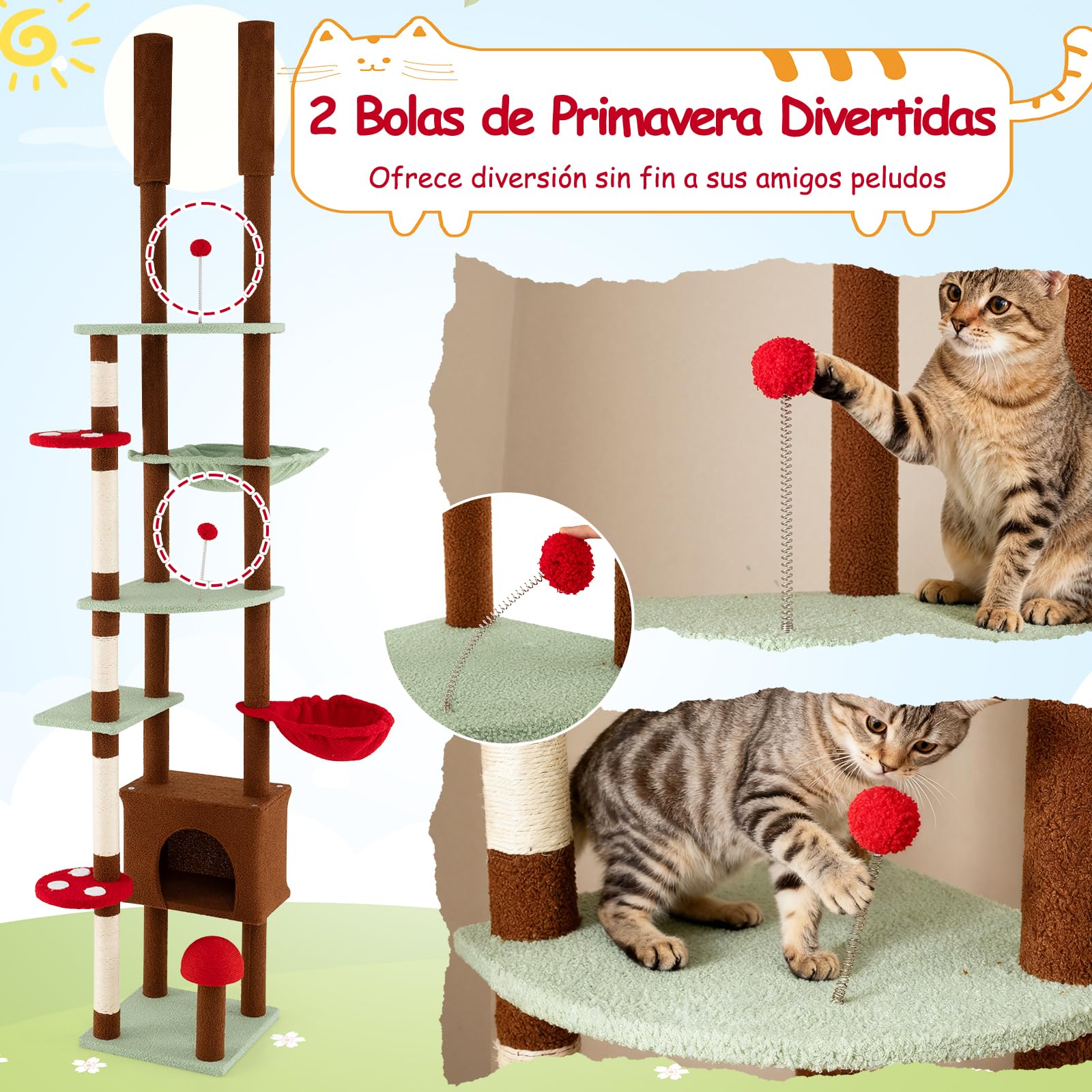 COSTWAY Árbol Rascador para Gatos de Suelo a Techo, Torre Rascador Alta para Gatos, Ajustable de 207-277 cm, con Condo y Hamaca, Cesta Colgante, Postes para Rascar de Sisal, 2 Pelotas con Resorte